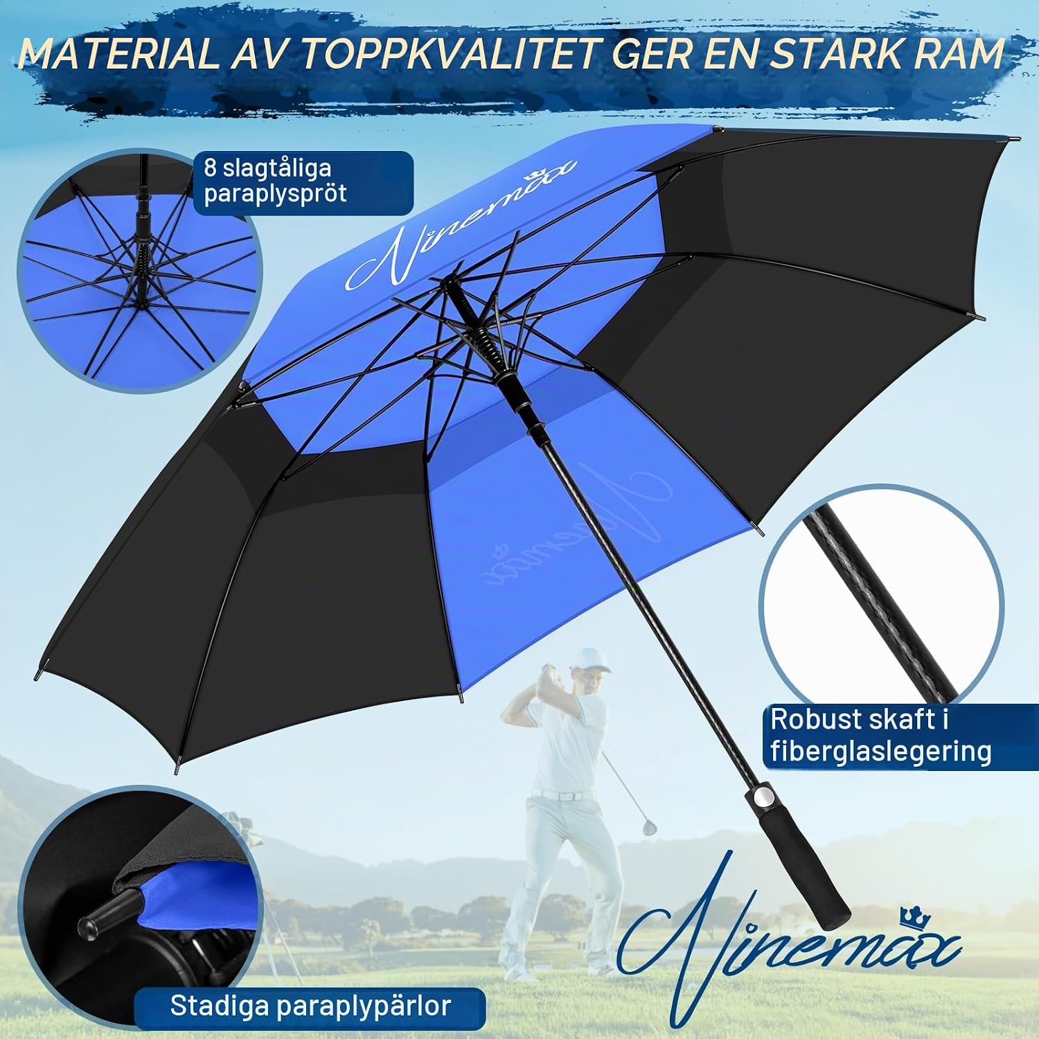 Detalle 2 de NINEMAX golfparaply 62/68 inch med automatisk öppning och dubbeltak