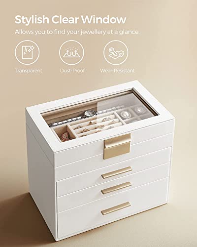 Detalle 2 de SONGMICS GISELLA Collezione – Portagioie con Coperchio in Vetro, 4 Livelli, 31 Scomparti, Bianco Nuvola e Dorato
