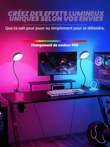Detalle de Lampe de Bureau à Pince ReinHoo 72 LED RGB – 10 teintes + 10 niveaux, USB