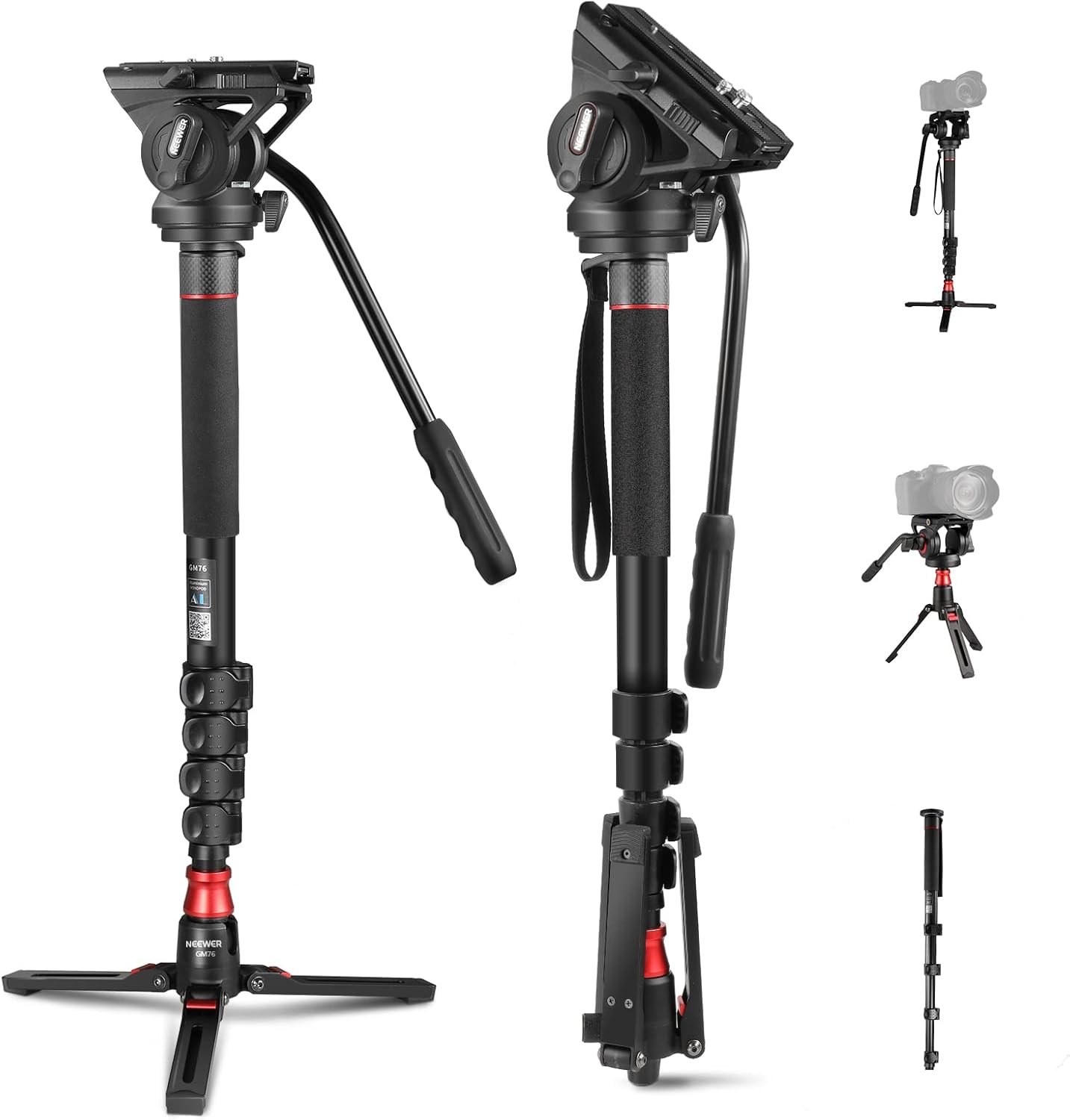 Detalle de NEEWER GM76 Professional Camera Monopod with Feet, Fluid Pan Tilt Head & Removable Tripod Base