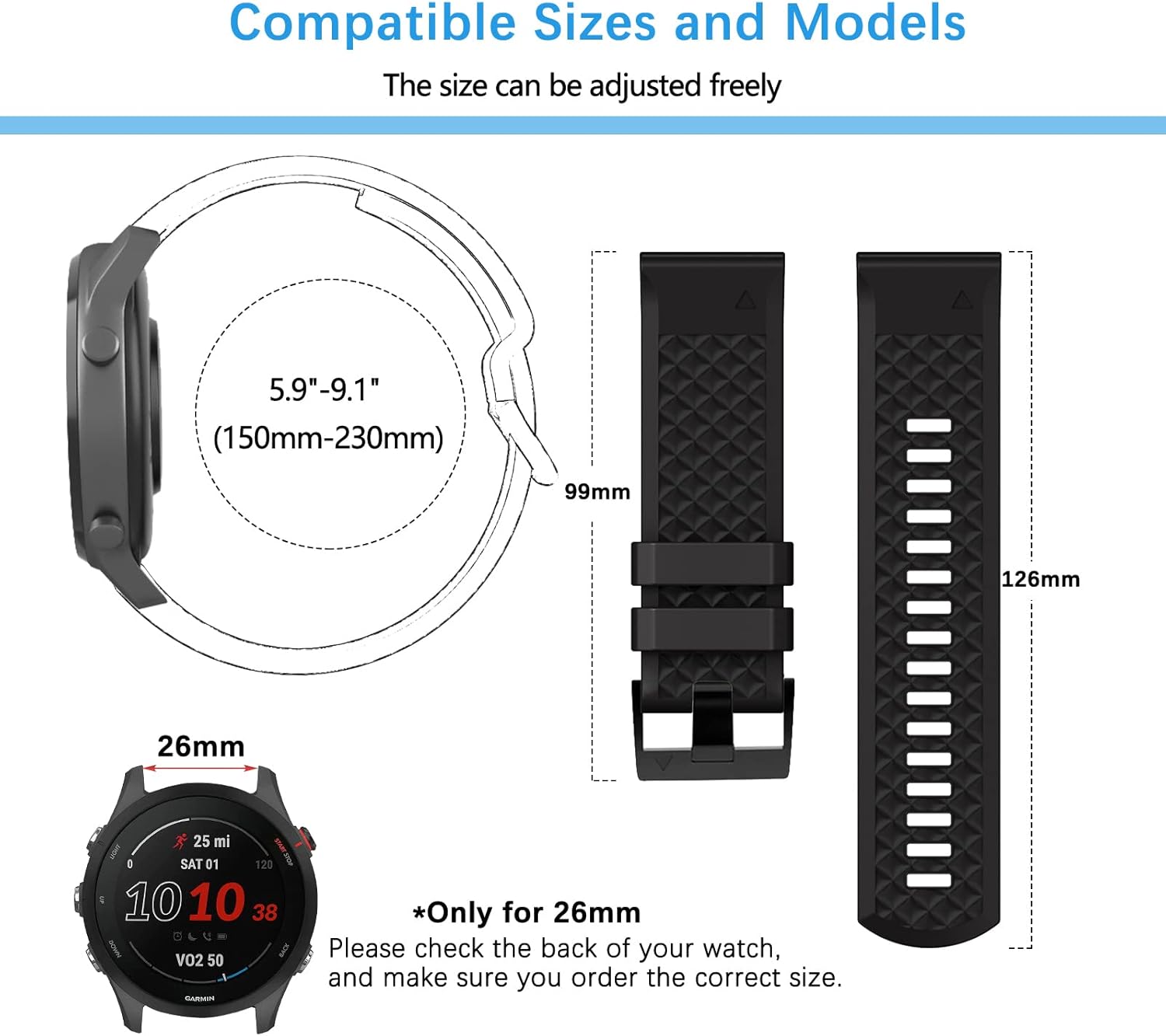 Detalle de LanQii QuickFit Silikonarmband 26 mm für Garmin (schwarz+rot) – Ersatzband für Tactix 8, Fenix 8/7/6/5, Enduro und Descent