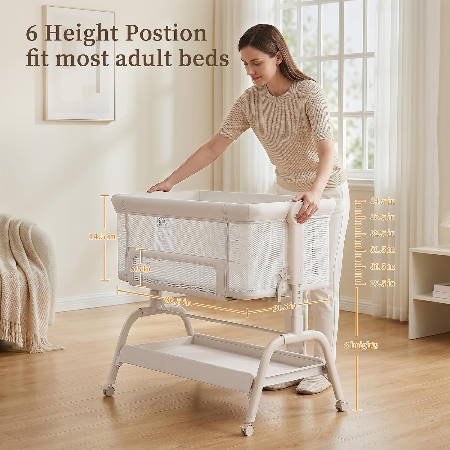 Detalle 2 de BabyBond Bedside Crib with 6 Heights, Full Mesh, Mattress and Sheet