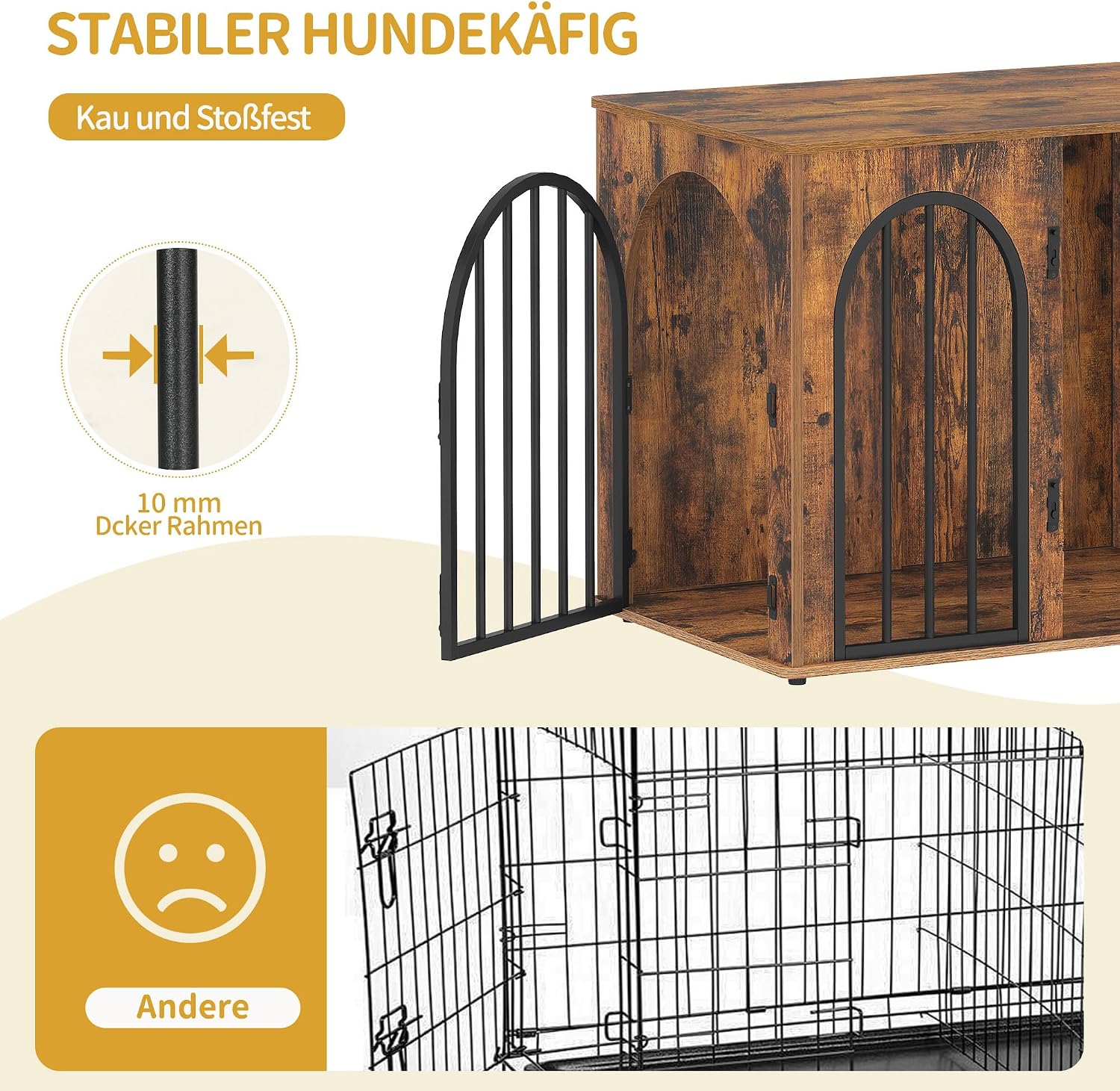 Detalle de Hzuaneri Hundekäfig Möbel DFC85501B – 68 cm Hundebox mit 3 Türen und Bogentür (Vintagebraun)