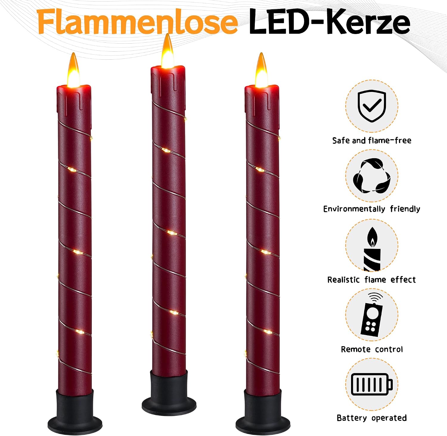 Detalle 2 de Da by 3 Pcs Flickering Flameless Battery Operated Taper Candle Red with Remote