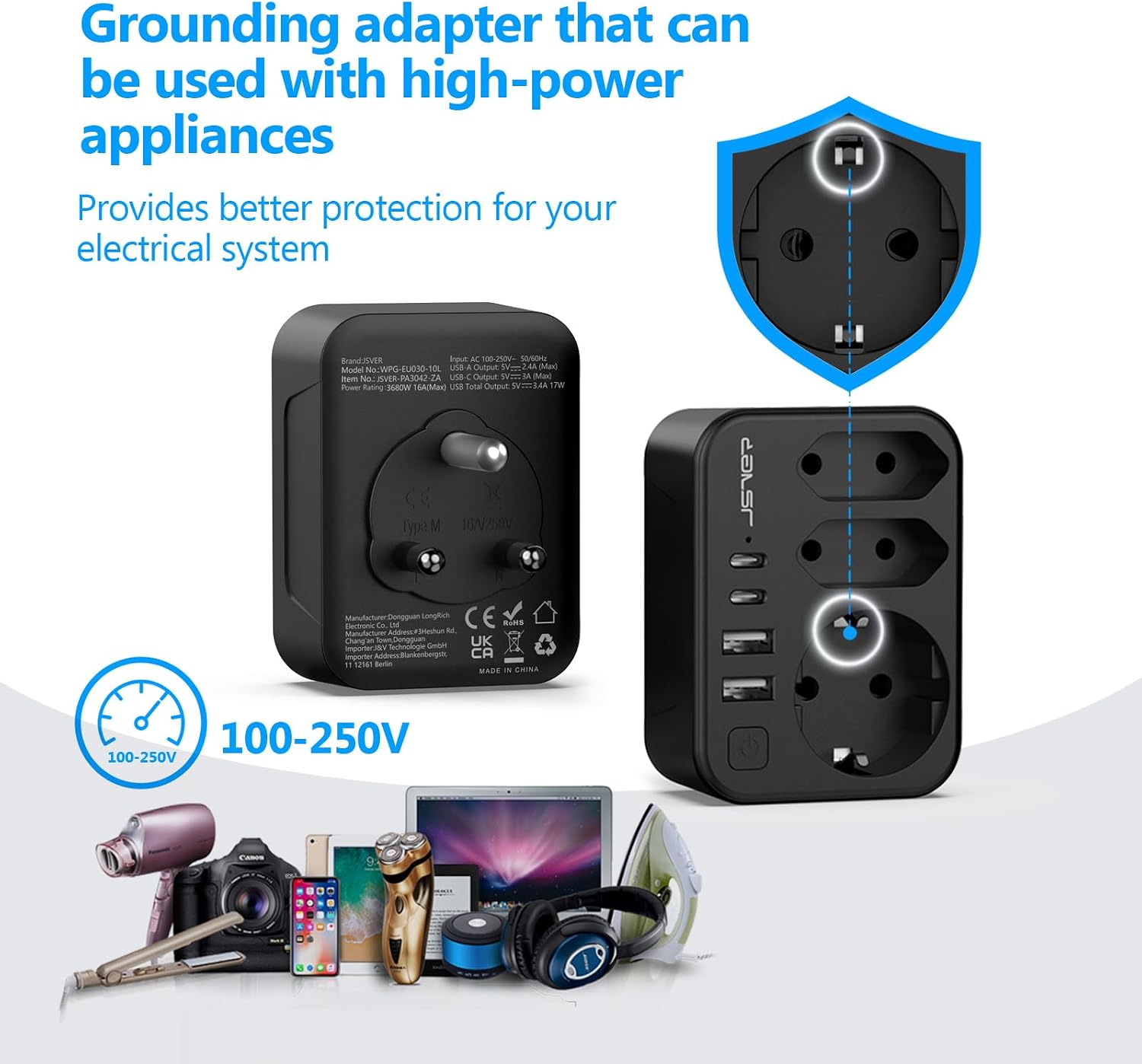 Thumbnail 6 de JSVER Reiseadapter Südafrika Typ M – 7-in-1 Steckdosenadapter mit 2 USB-C und 2 USB-A