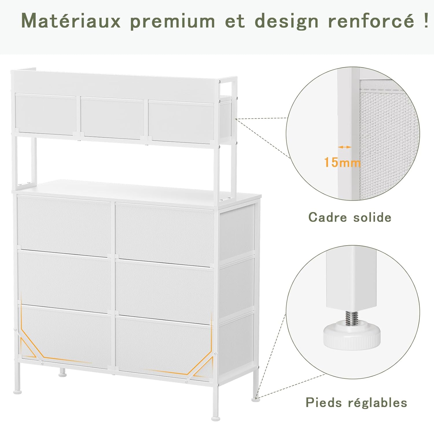 Thumbnail 2 de Mintnook Commode, Meuble de Rangement 9 Tiroirs – 85 x 35 x 130 cm, Blanc avec Cadre Métal