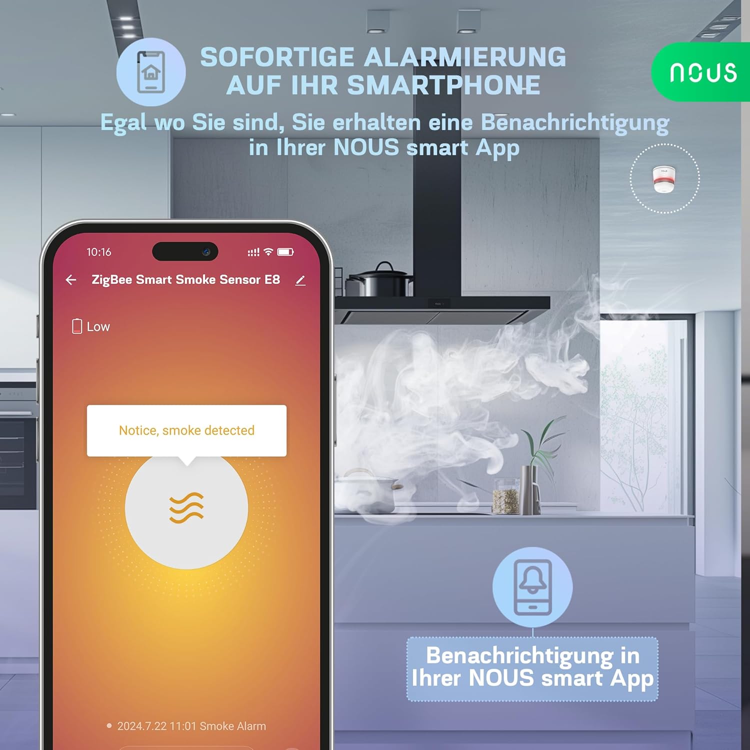 Thumbnail 2 de Rilevatore di Fumo Intelligente Zigbee NOUS E8 – controllo via app e integrazione smart