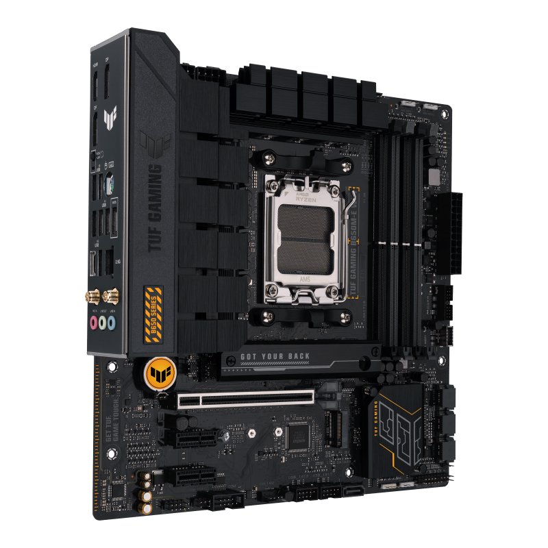 Detalle de ASUS TUF Gaming B650M-E WiFi: placa base Micro-ATX para AMD Ryzen 7000 (AM5) y DDR5