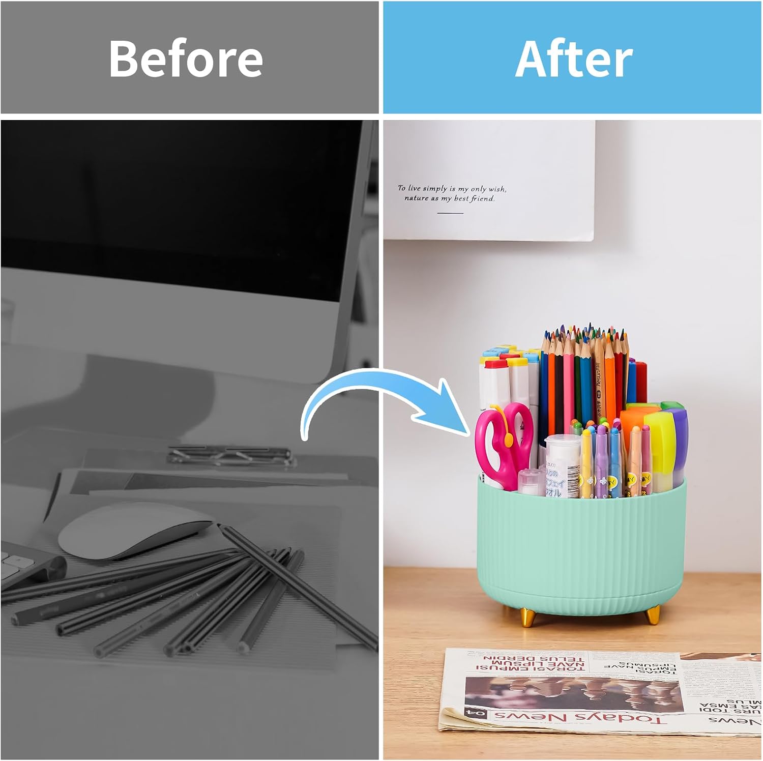 Detalle de Marbrasse Desk Organiser: 360-Degree Rotating Pen Holder with 5 Compartments in Mint Green