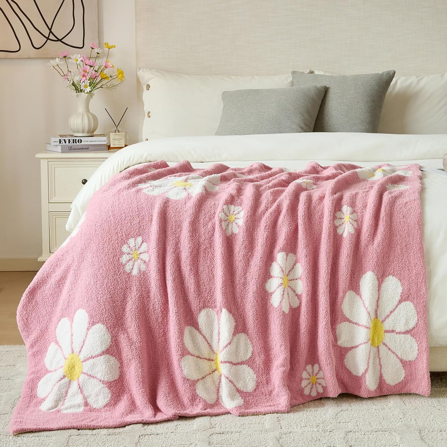 Detalle de Xiashrk Flower Blanket Floral Microfiber Throw, Twin 60" x 80", Grey Pink