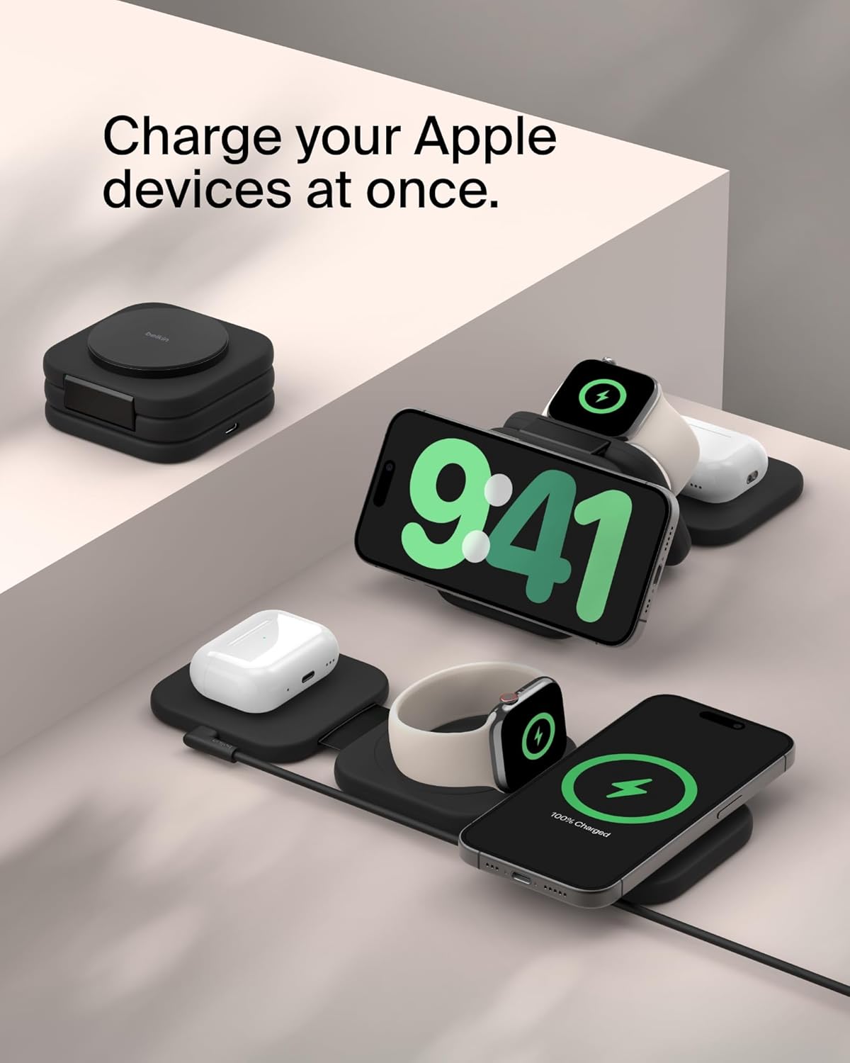 Detalle 2 de Belkin BoostCharge Pro Foldable Qi2-Certified 3-in-1 Wireless Charger Travel Pad (MagSafe-compatible, up to 15W)