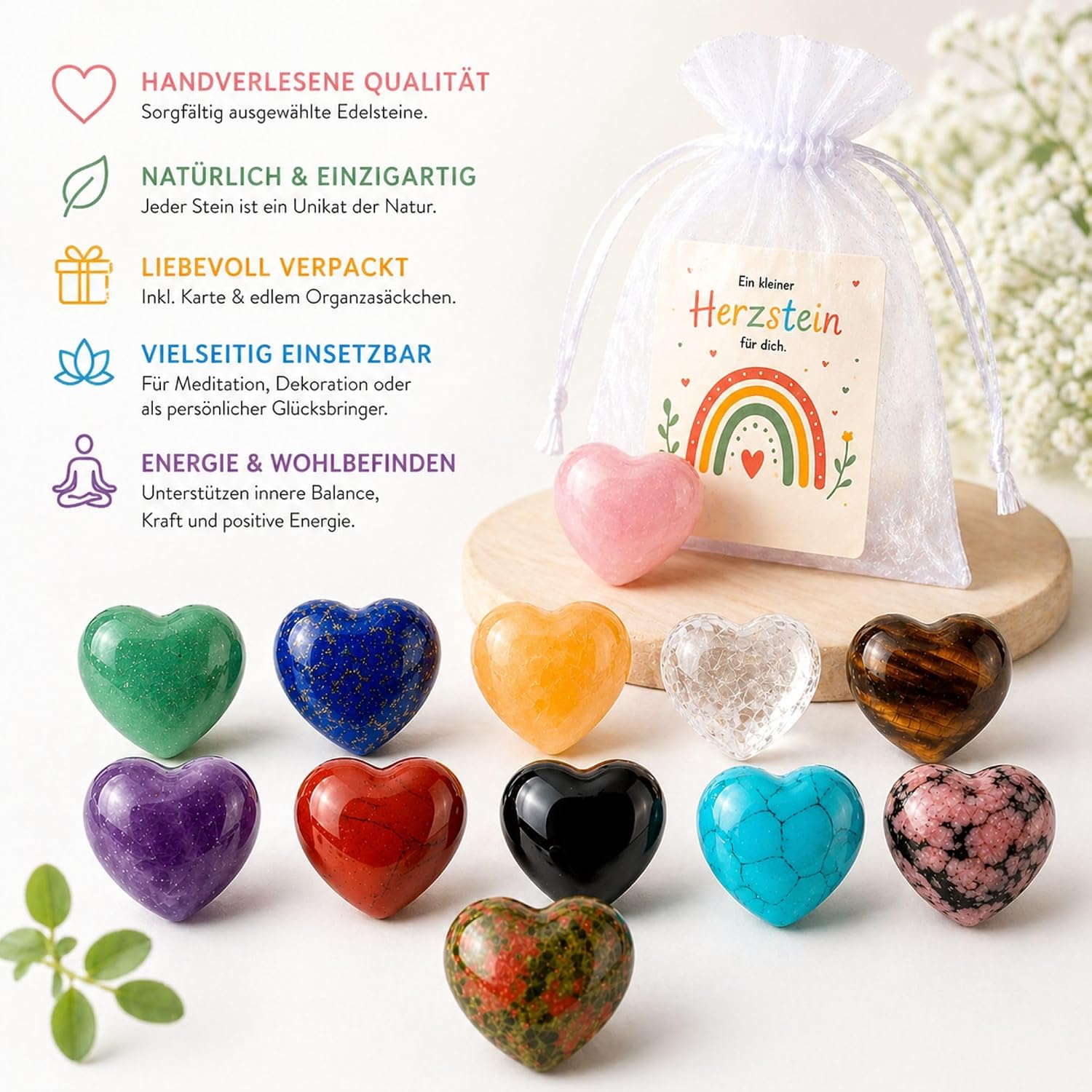 Thumbnail 2 de Milaboo 1 Set of 12 Heart Stones, 20 x 10 mm, with Card and Organza Bag
