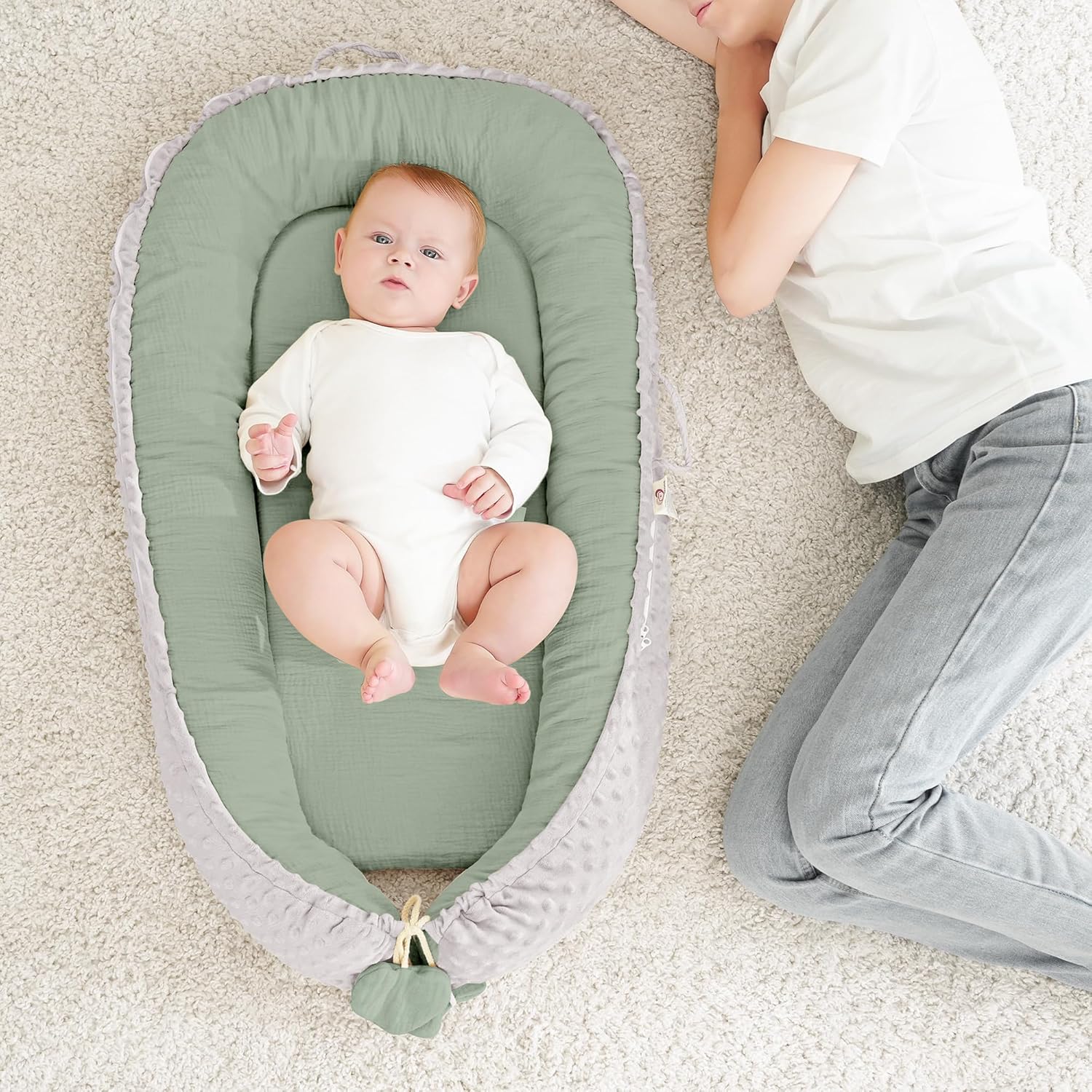 Thumbnail 2 de Bearmoss Babynestchen Kuschelnest für Neugeborene (90x55 cm, grün) – weiches & atmungsaktives Nest für unterwegs