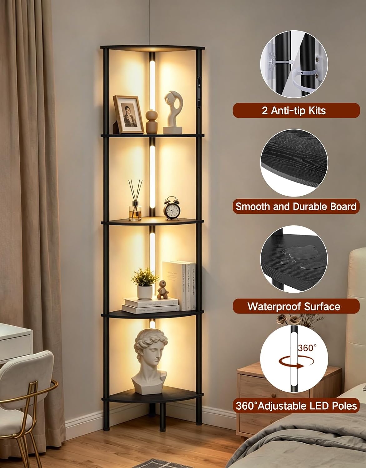 Thumbnail 5 de OUTONLIFE LED Floor Lamp with Shelves (Black) – 3 Colour Temps, Dimmable, Touch & Remote, 169cm