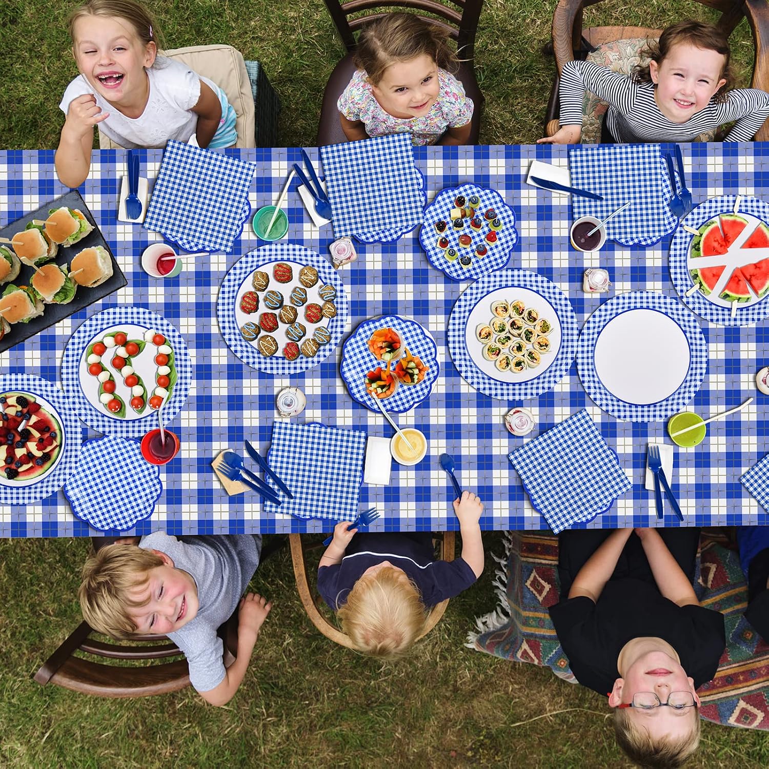 Thumbnail 2 de Gatherfun Gingham Blue and White Party Supplies — Disposable 25-Person Tableware Set with Tablecloth and Banner