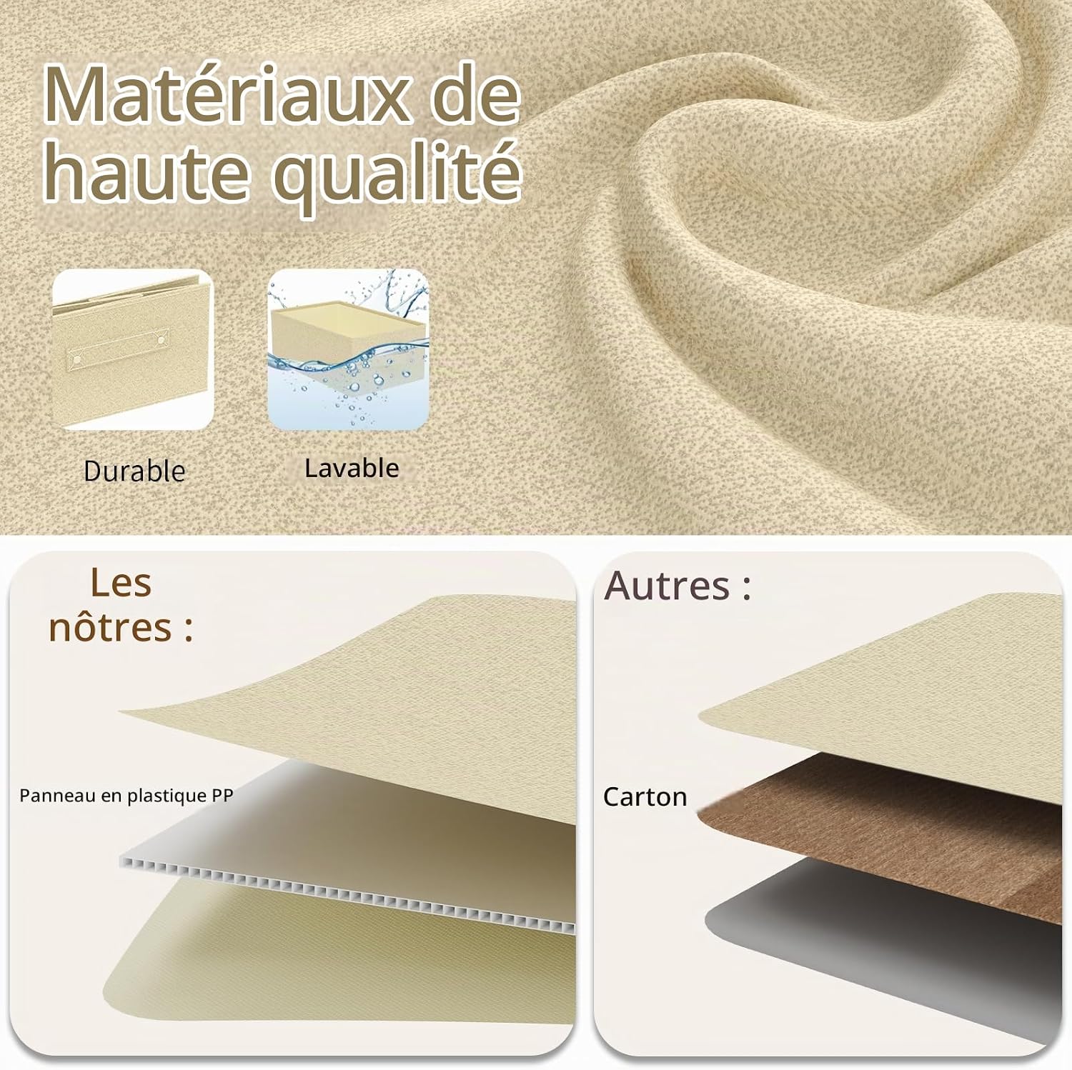 Detalle 2 de ENUMAIL EN103BEGS-3 stoffen opbergmanden met handgrepen, grijs/beige, 3 stuks