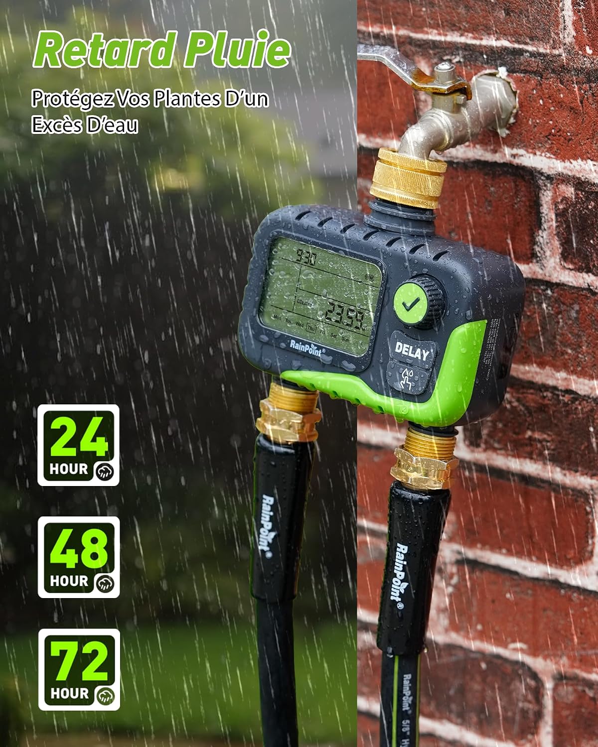 Thumbnail 6 de Programmateur d'arrosage RainPoint 2 Voies avec Grand Écran LCD – IP65, Retard Pluie et Double Port
