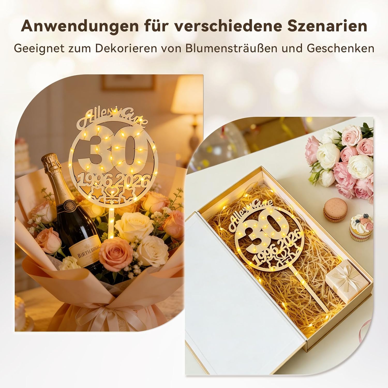 Thumbnail 3 de Tortendeko zum 30. Geburtstag: Cake Topper aus FSC-Holz mit LED-Lichterkette (1996–2026)