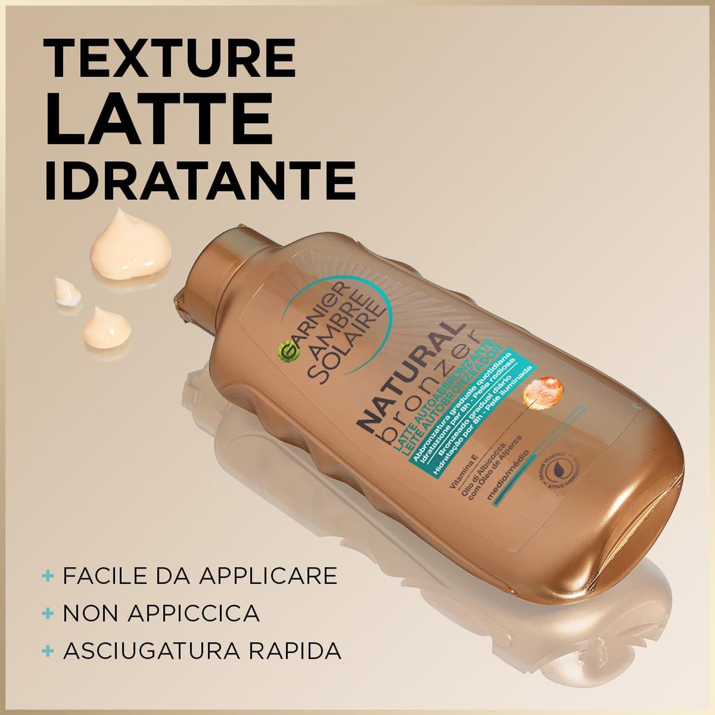 Detalle 1 de Garnier Ambre Solaire Latte Autoabbronzante Natural Bronzer: effetto naturale in 1 ora, 200 ml