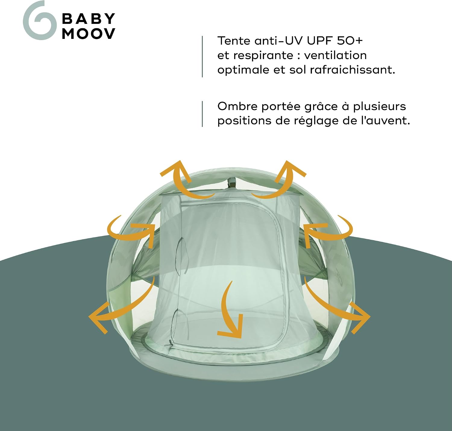 Detalle de Babymoov Tente Anti-UV Bébé rafraîchissante Moov & Protect (UPF 50+, Pop-Up) – Grande tente de plage avec moustiquaire