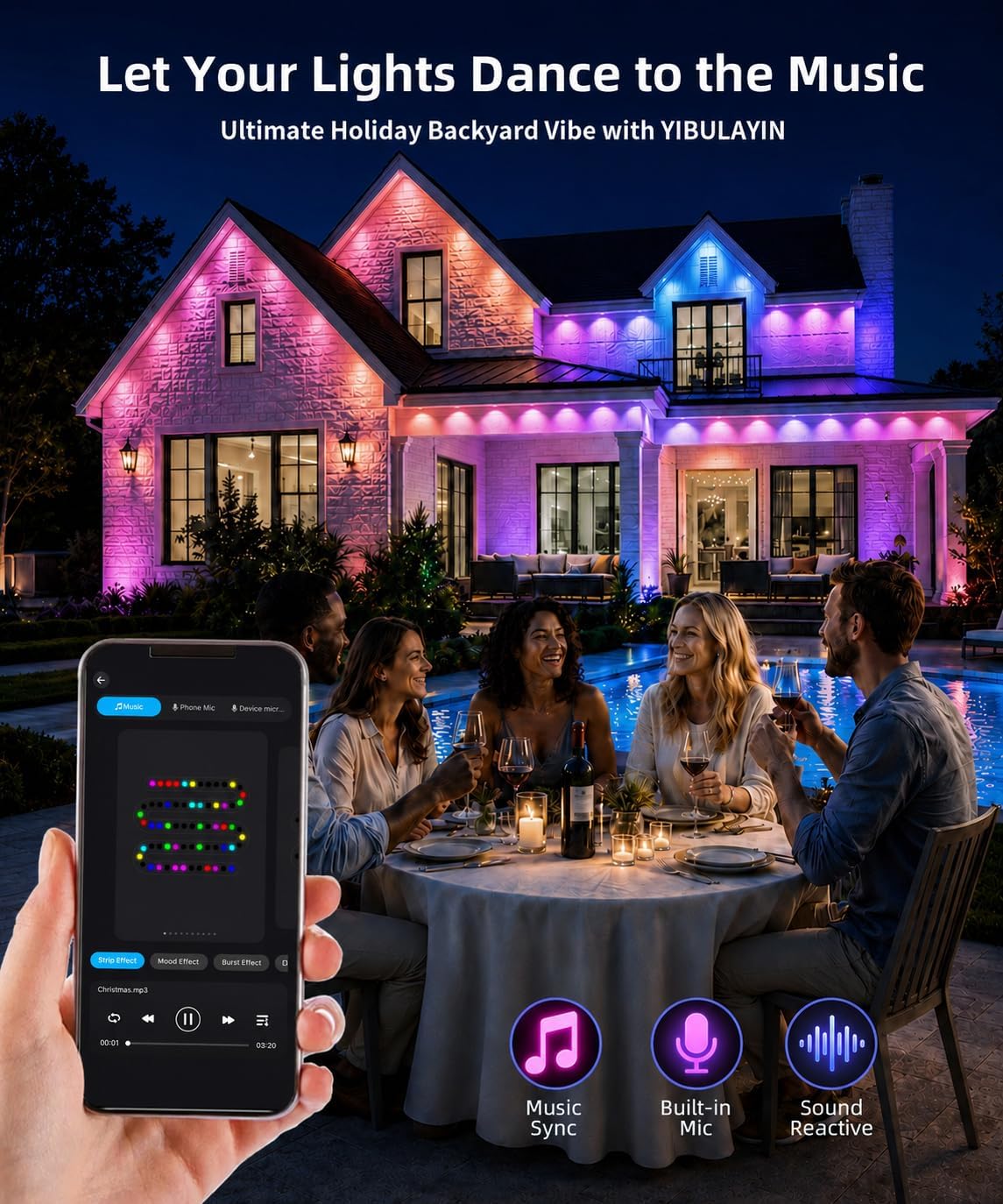 Detalle de YIBULAYIN 300FT Permanent RGBIC Outdoor Lights with App Control and IP67 Protection
