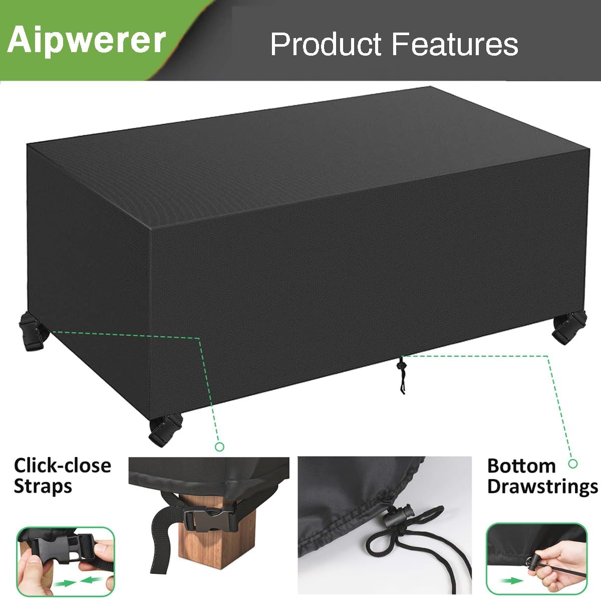 Detalle de Aipwerer Abdeckung für Gartenmöbel wasserdicht – Schutzhülle 420D/600D für rechteckigen Gartentisch (230x165x80 cm, Schwarz)