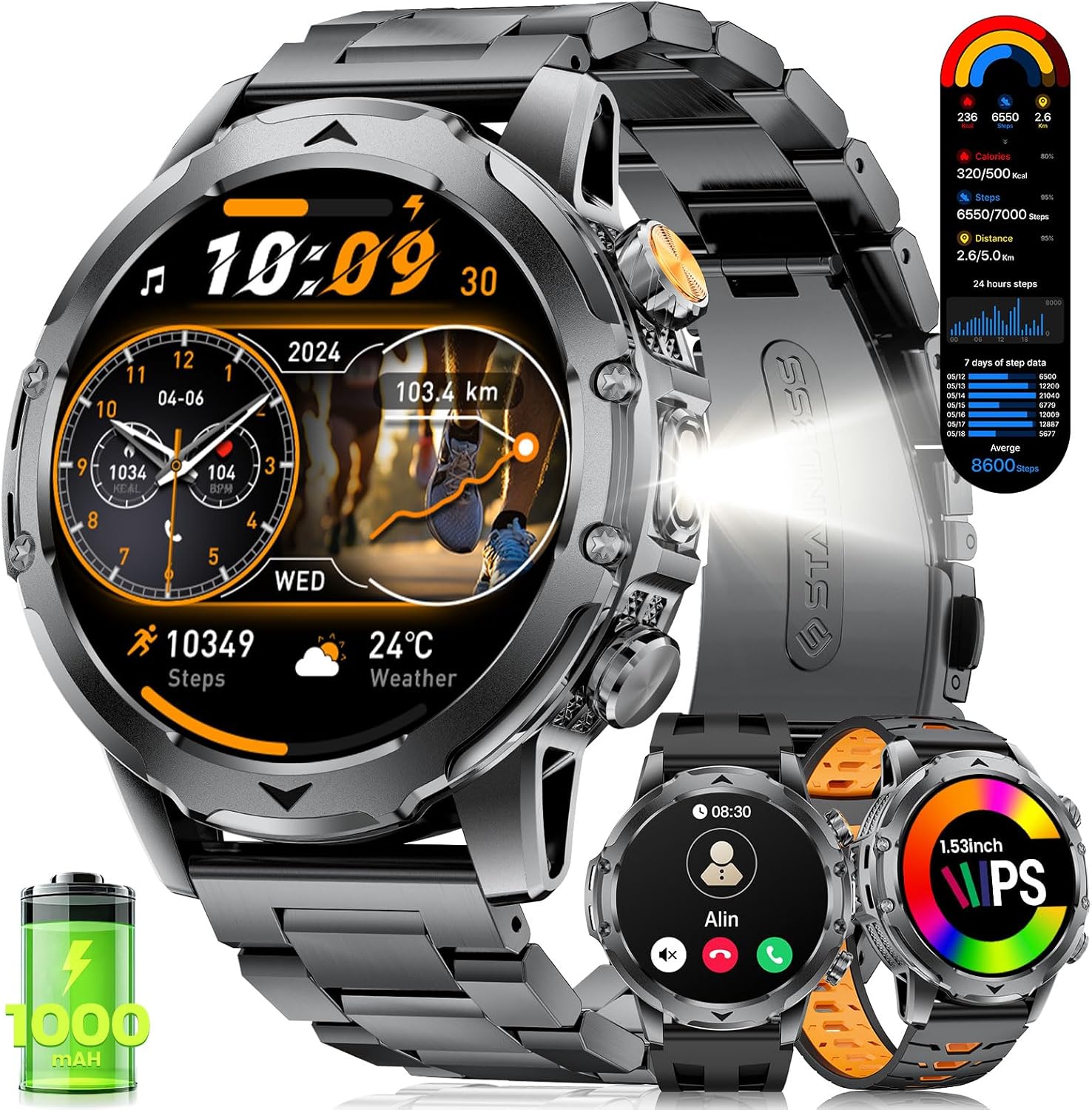 Detalle de FITFLEX Montre Connectée pour Homme – Écran 1,53'' HD, Appels Bluetooth, 120+ Sports, IP68, Batterie 1000 mAh