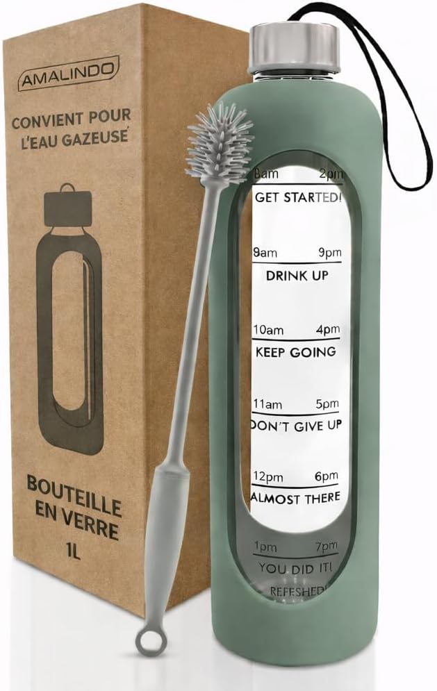 Amalindo gourde en verre 1 l – vert olive, avec brosse et coque silicone