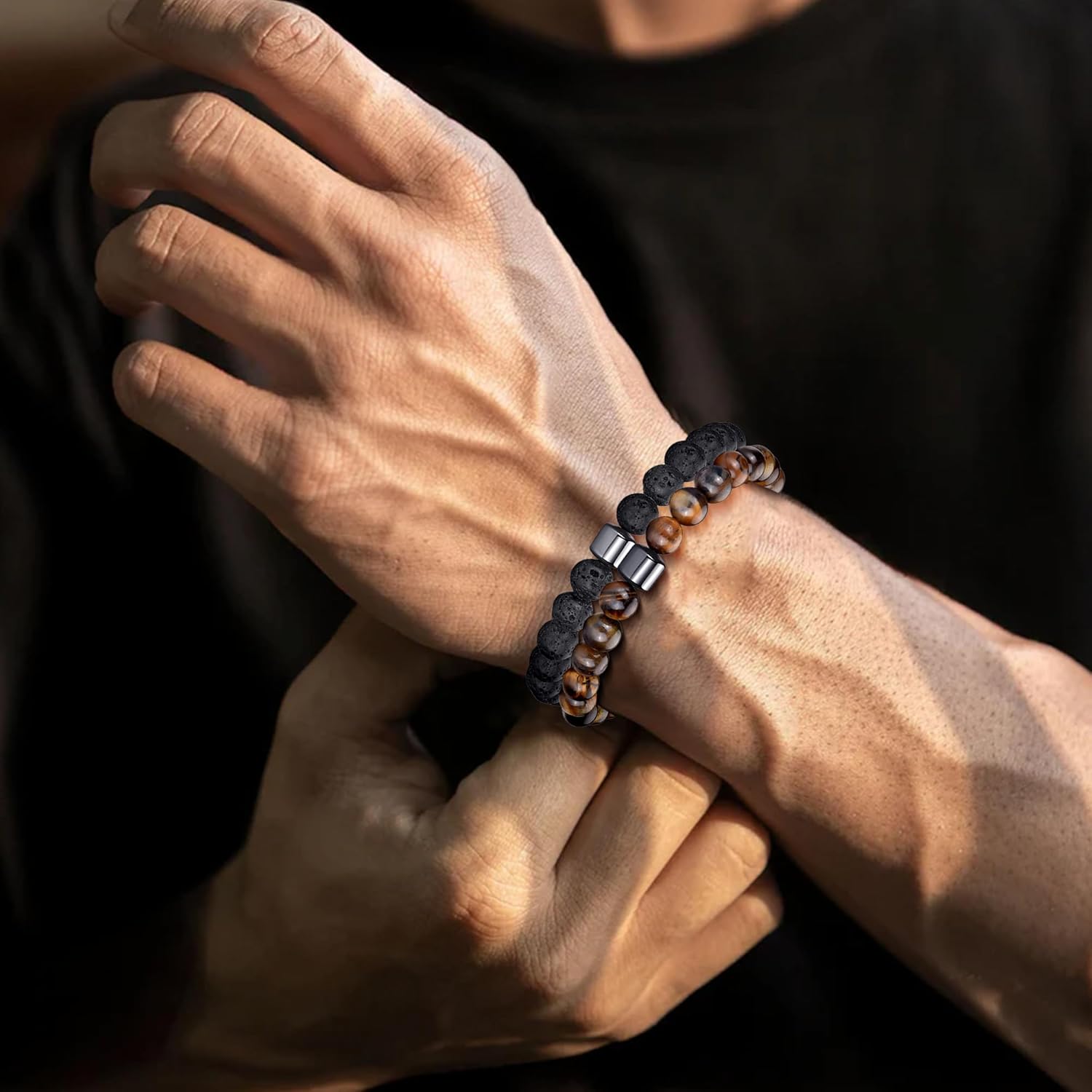 Thumbnail 5 de Bracelet œil de tigre homme MOROTOLE 8 mm en pierre naturelle, pierre de lave et obsidienne (set de plusieurs bracelets)