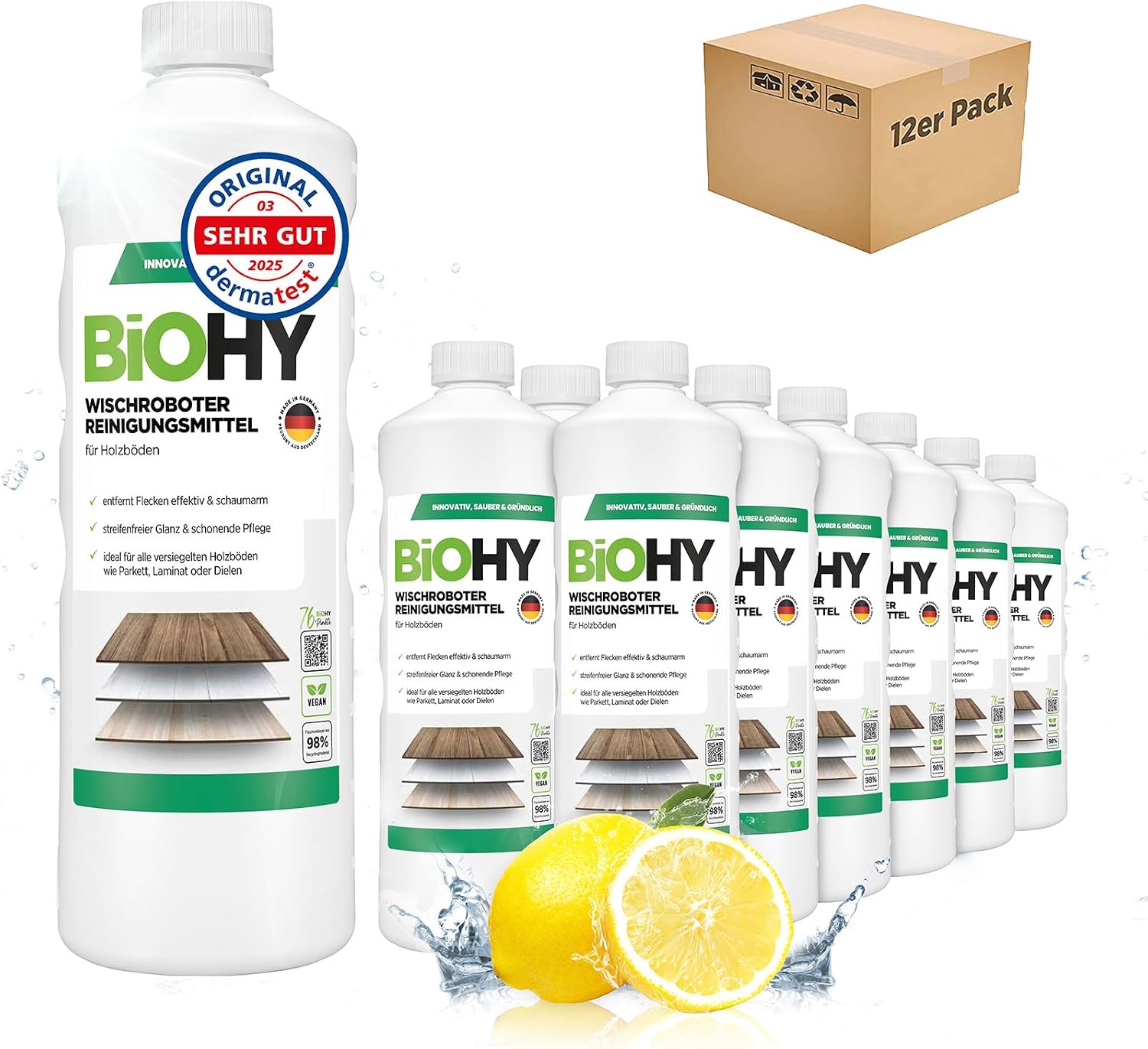 Detalle de BIOHY Wischroboter Reinigingsmiddel voor parket en laminaat, 12 x 1 liter