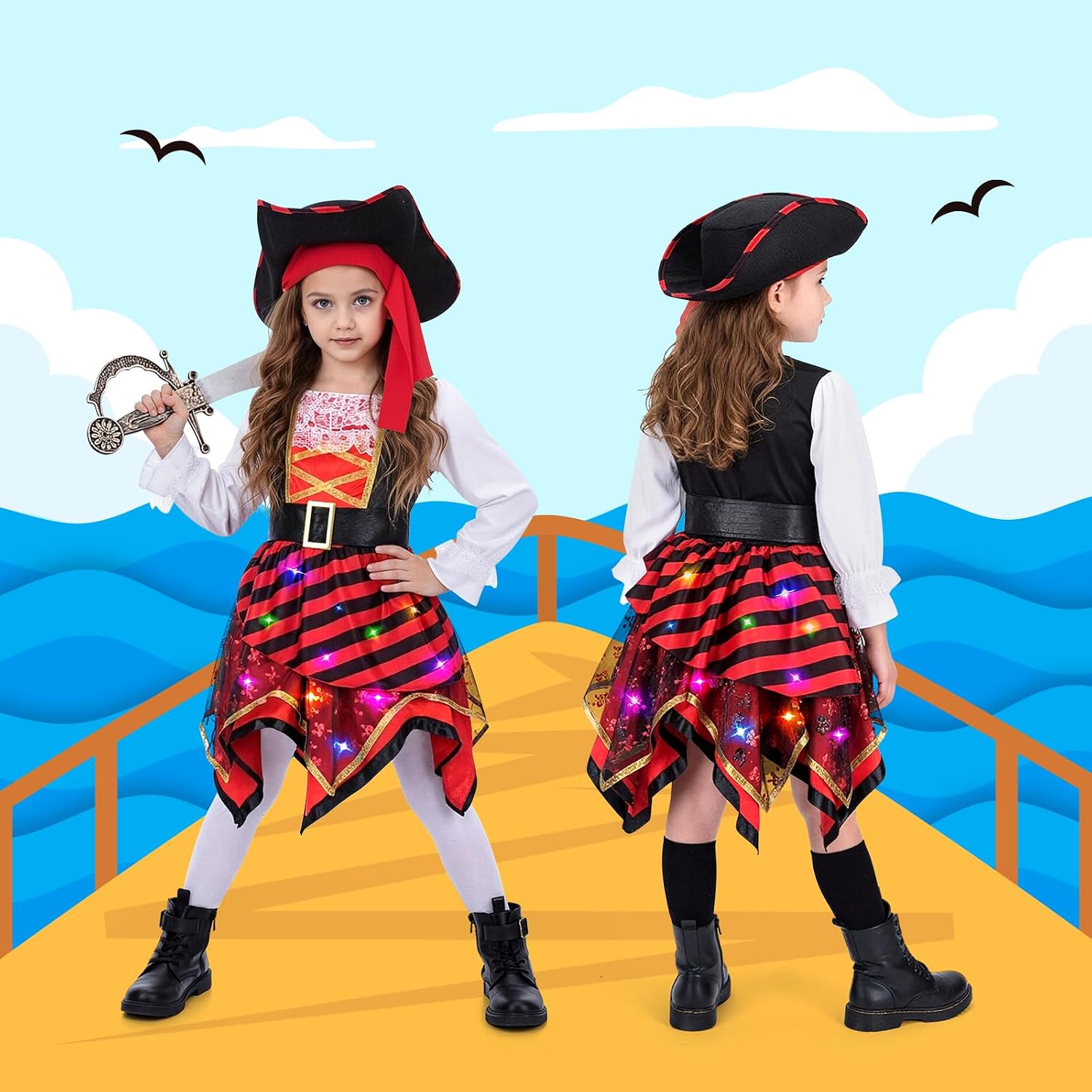 Thumbnail 4 de MELAND Pirate Costume Kids – Light-Up Fancy Dress (3–10 Years) for World Book Day and Adventures at Sea