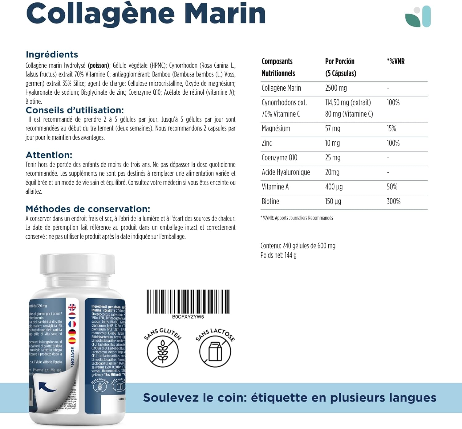 Detalle de Collagène Marin et Acide Hyaluronique - 240 Gélules par Wesalys (2500 mg COH)