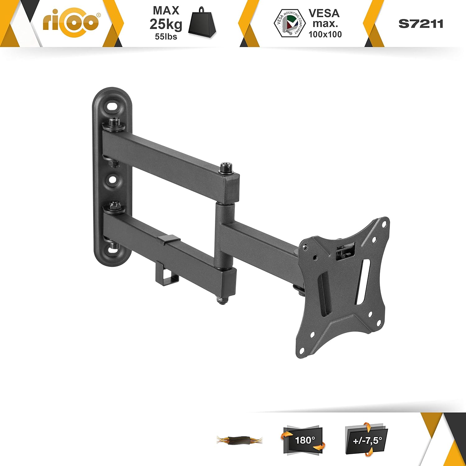 Detalle 2 de RICOO Soporte Monitor Mural Giratorio para Pantallas 13-27" 🖥