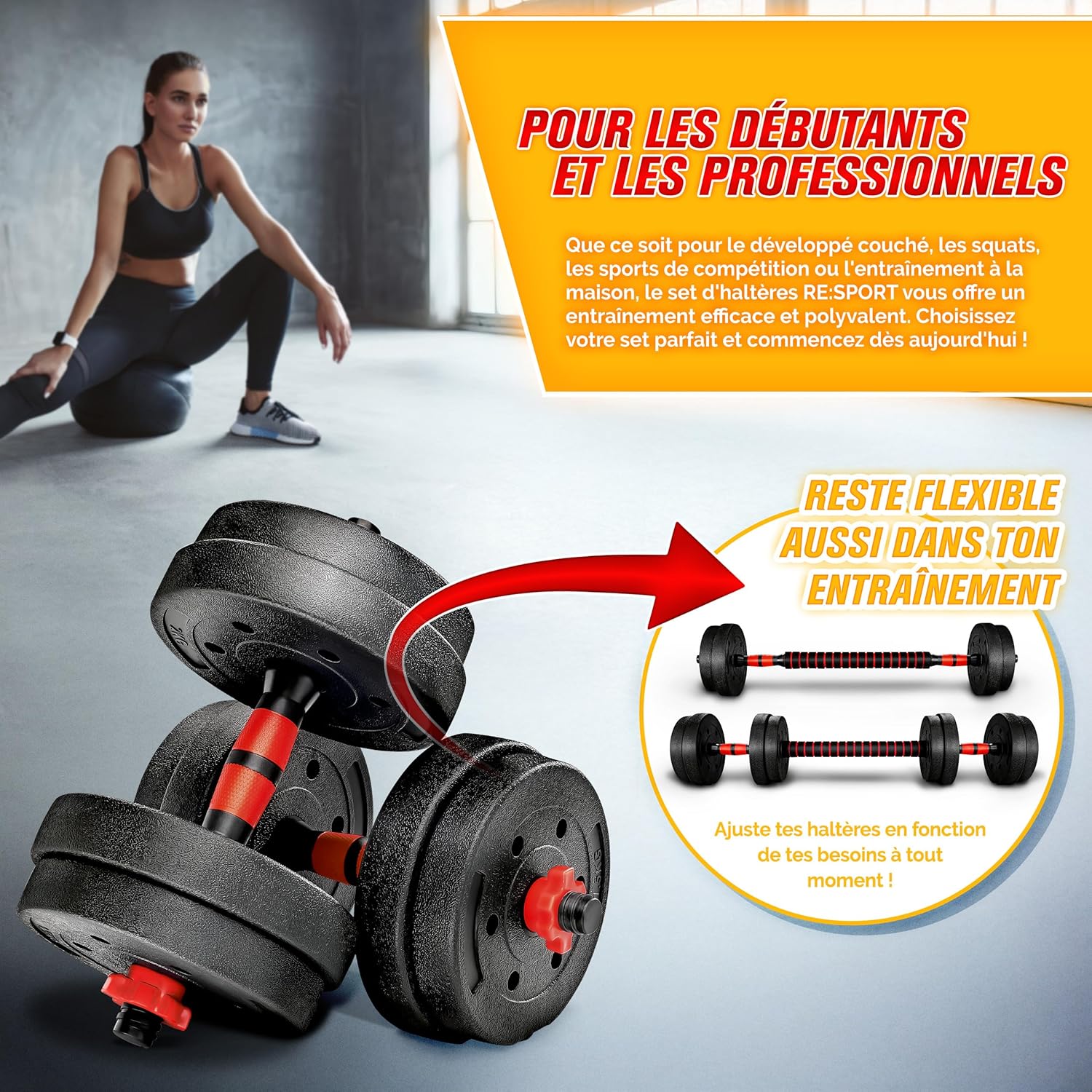 Thumbnail 6 de RE:SPORT Ensemble d’haltères 2 en 1 15-40 kg — haltères courts et longs, sécurité et confort