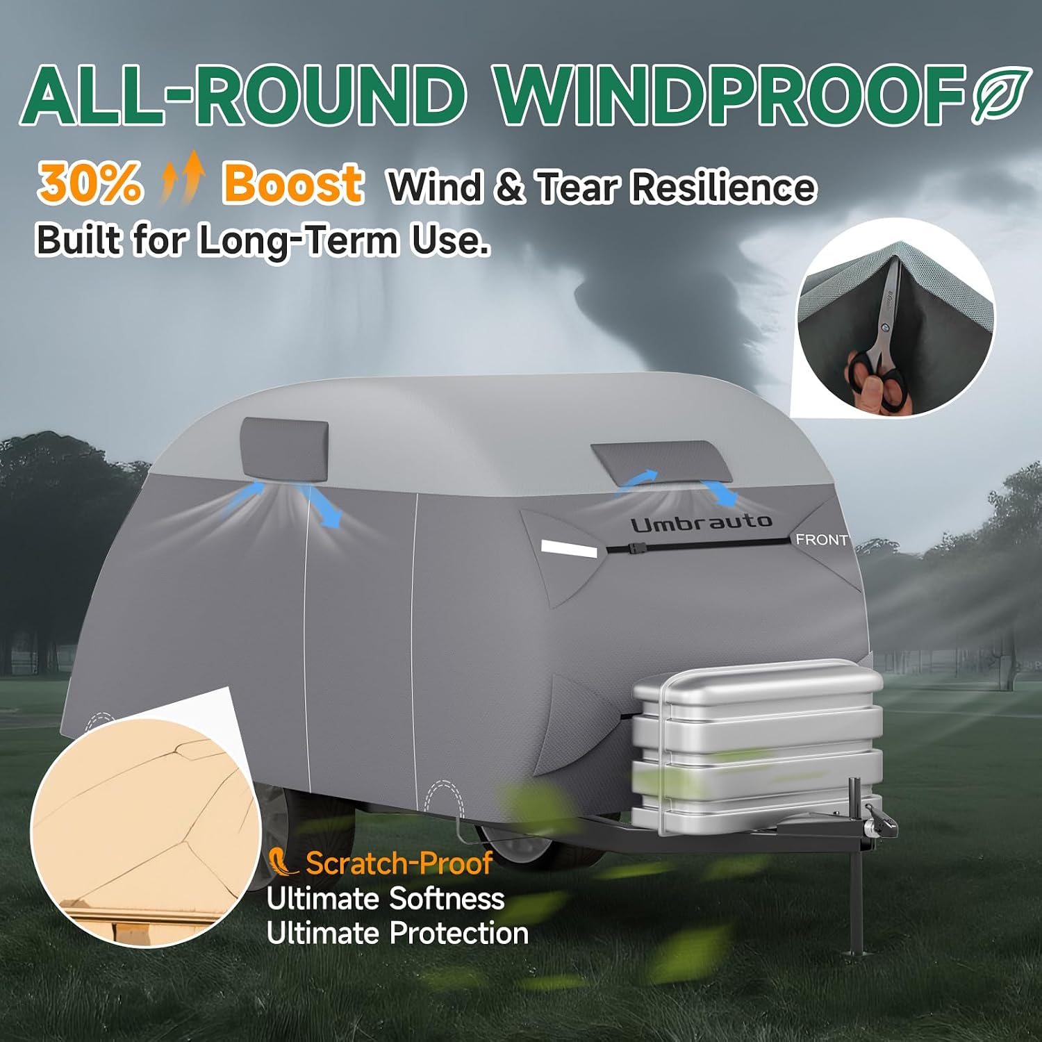 Thumbnail 2 de Teardrop Trailer Cover for 12'-15' RVs (150" L x 75" W x 75" H) — 7-Ply Top, Waterproof, Windproof with Vents