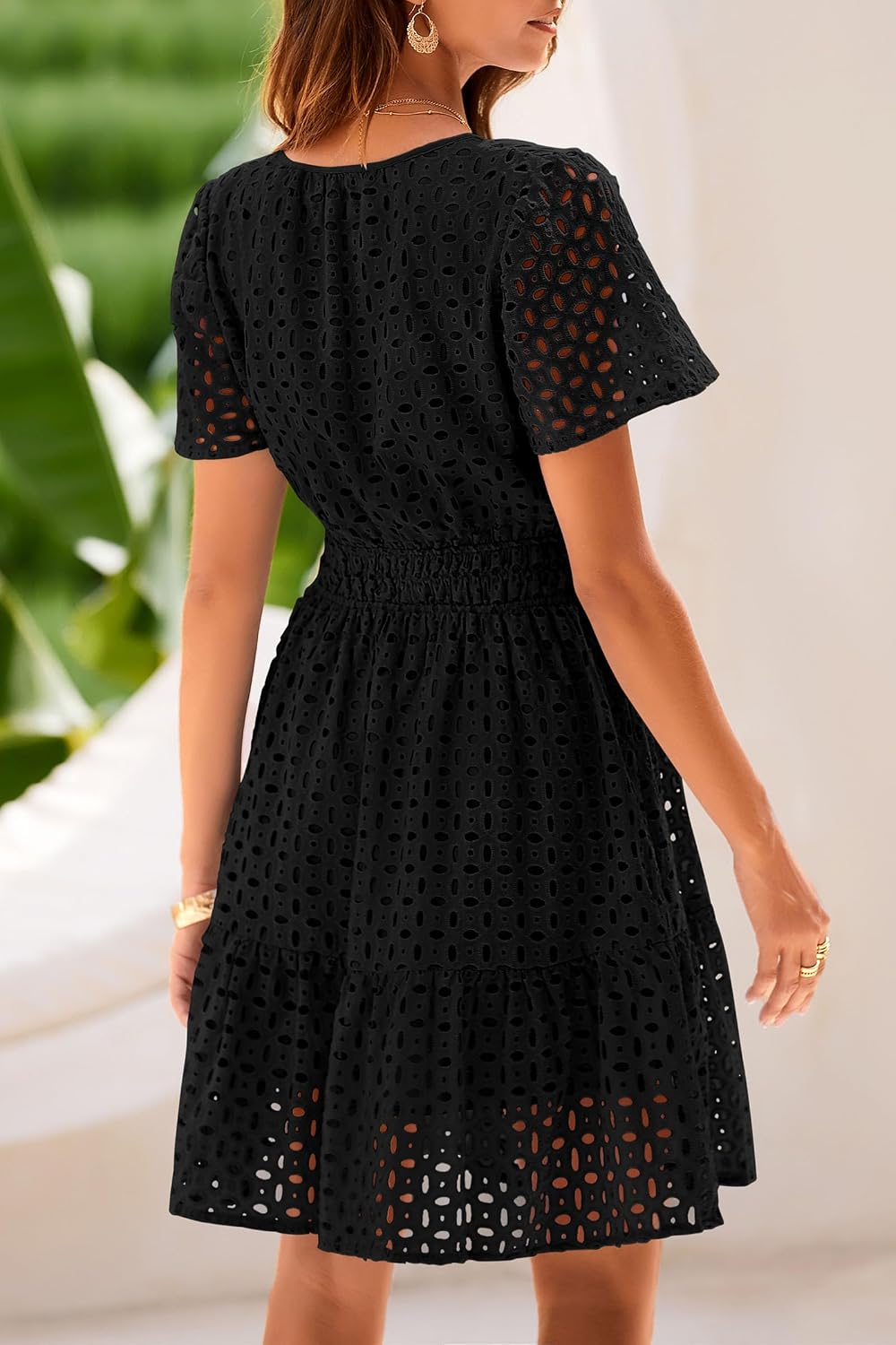 Detalle de PRETTYGARDEN Women's 2026 Summer Short Dress: V-Neck, Lace Hollow Out A-Line