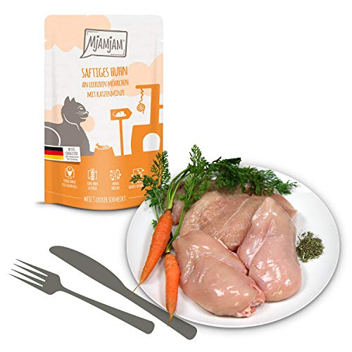 Detalle de MjAMjAM Premium Nassfutter für Katzen – Mixpaket I (12 x 125 g) Huhn, Rind, Herzen – getreidefrei, hoher Fleischanteil