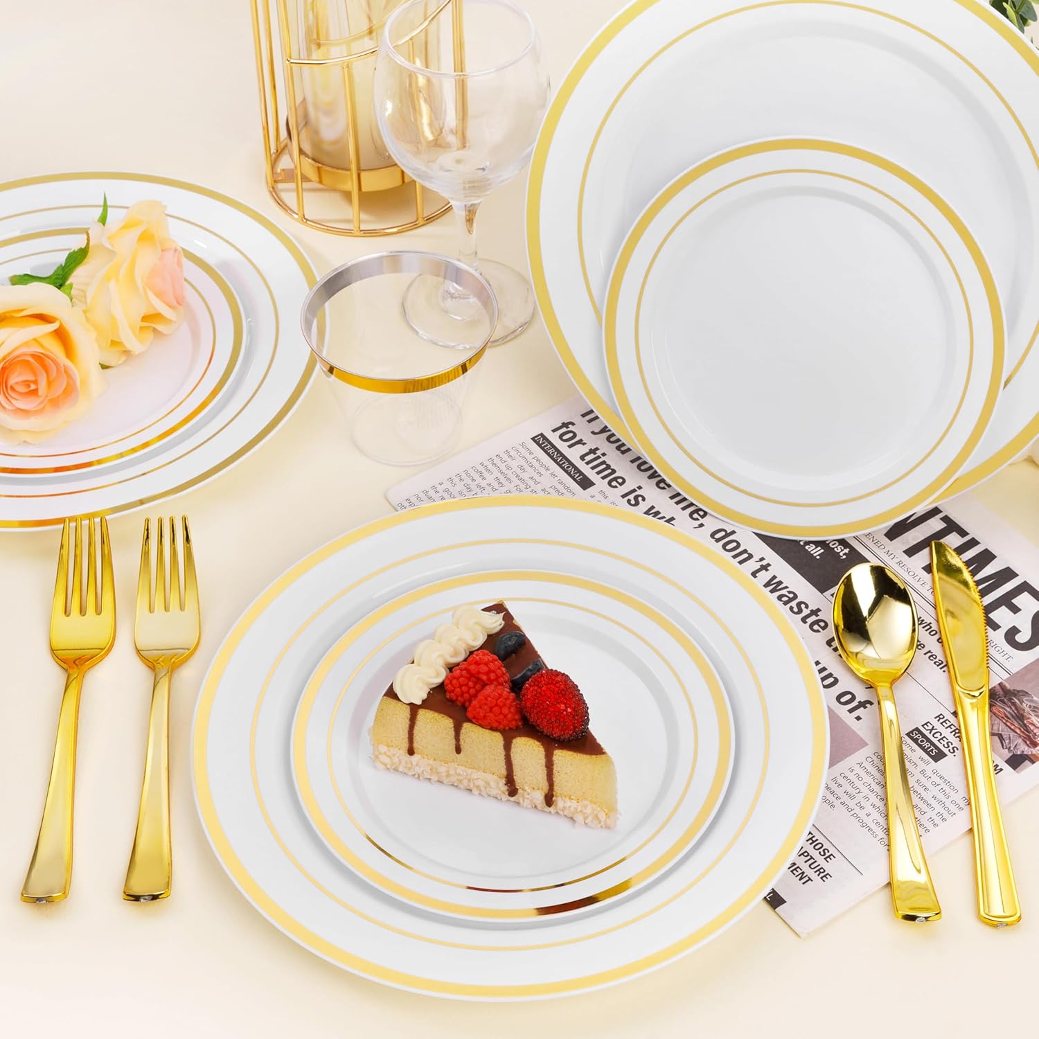 Thumbnail 4 de BESTSTAR 100PCS White Plastic Plates with Gold Rim, 10.25-Inch Heavy-Duty Disposable Party Dinner Plates