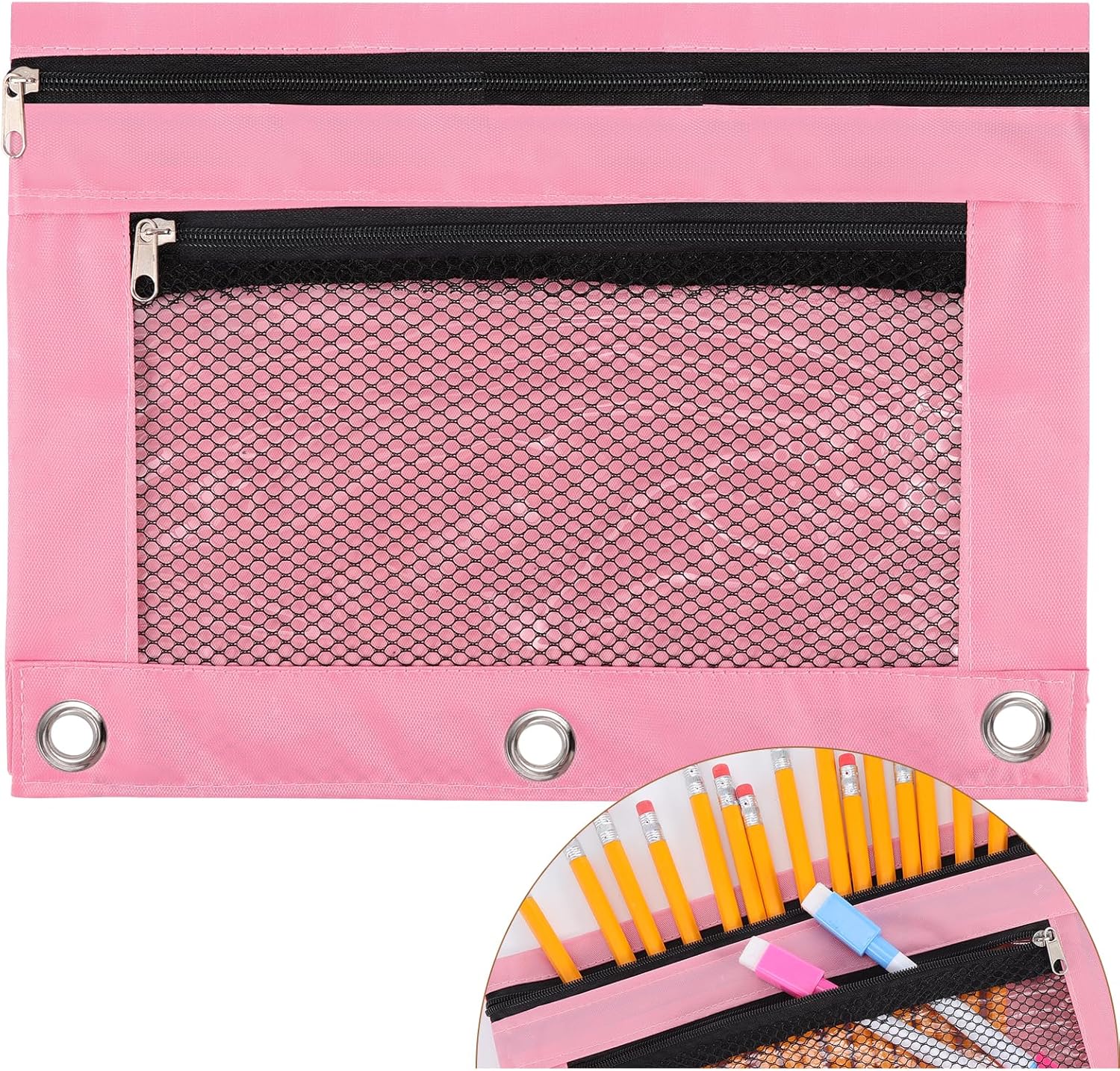 Mynoozi 3‑ring clear pencil case — pink ✏️