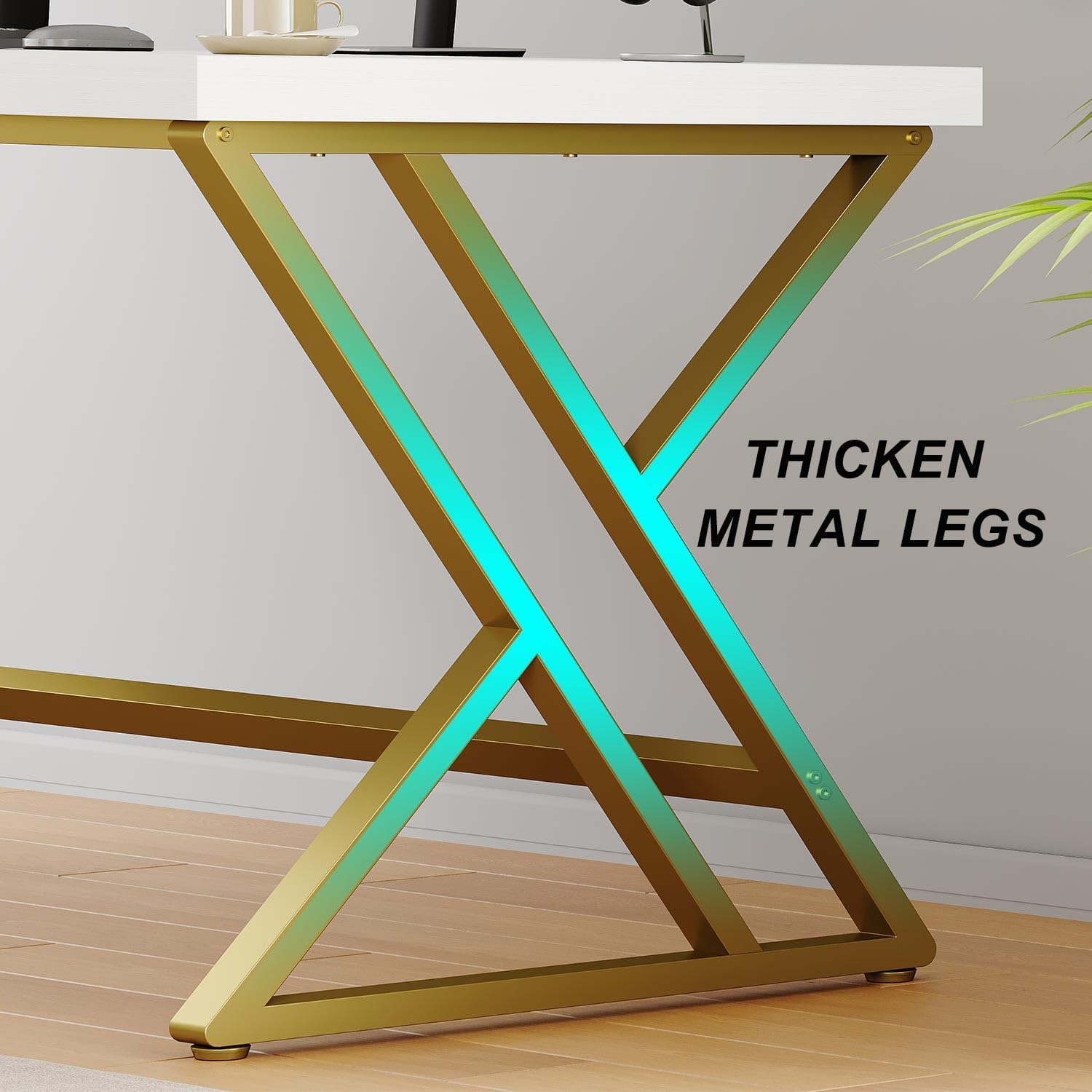 Thumbnail 4 de LVB Scrivania bianca e oro moderna per PC in legno e metallo, compatta per studio e home office