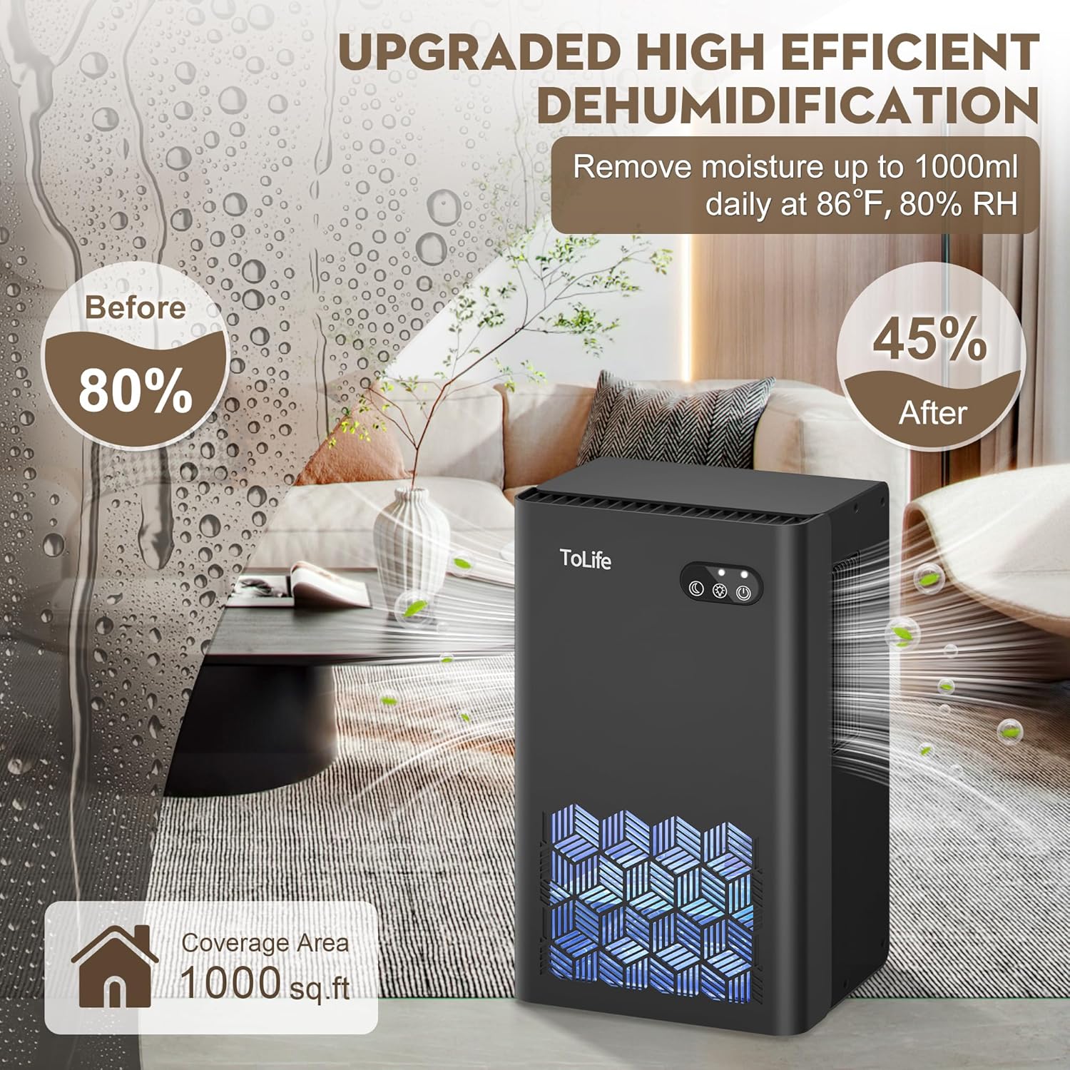 Detalle de ToLife Home Dehumidifier (1000 sq.ft) with 95 oz Tank, Auto Shut Off & 7-Color LED, Black