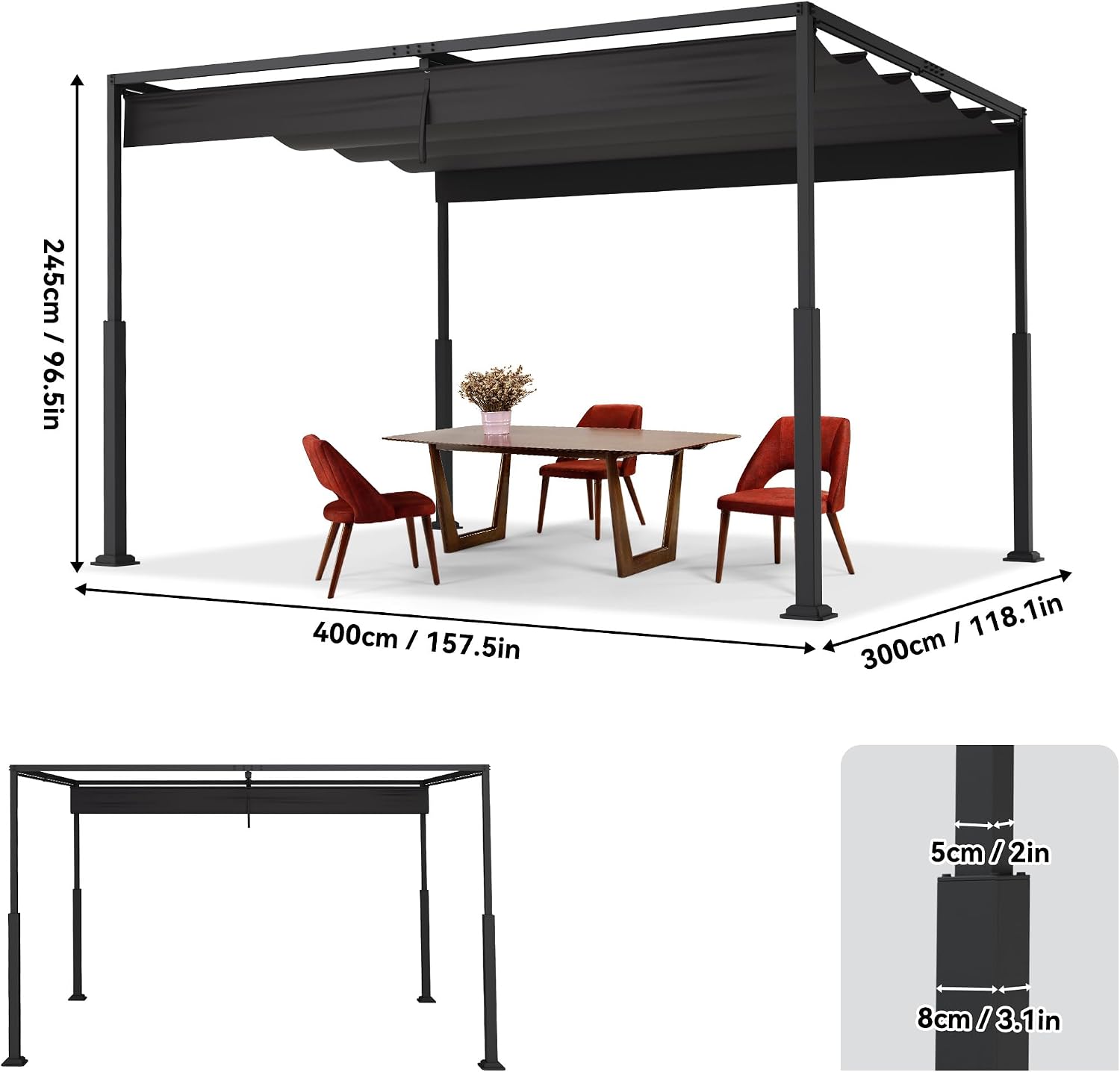 Detalle de VA-Cerulean Metall Pergola mit Schiebedach, 3x4 m – freistehender Pavillon aus Metall mit Sonnenschutz und schmalem Design in Schwarz