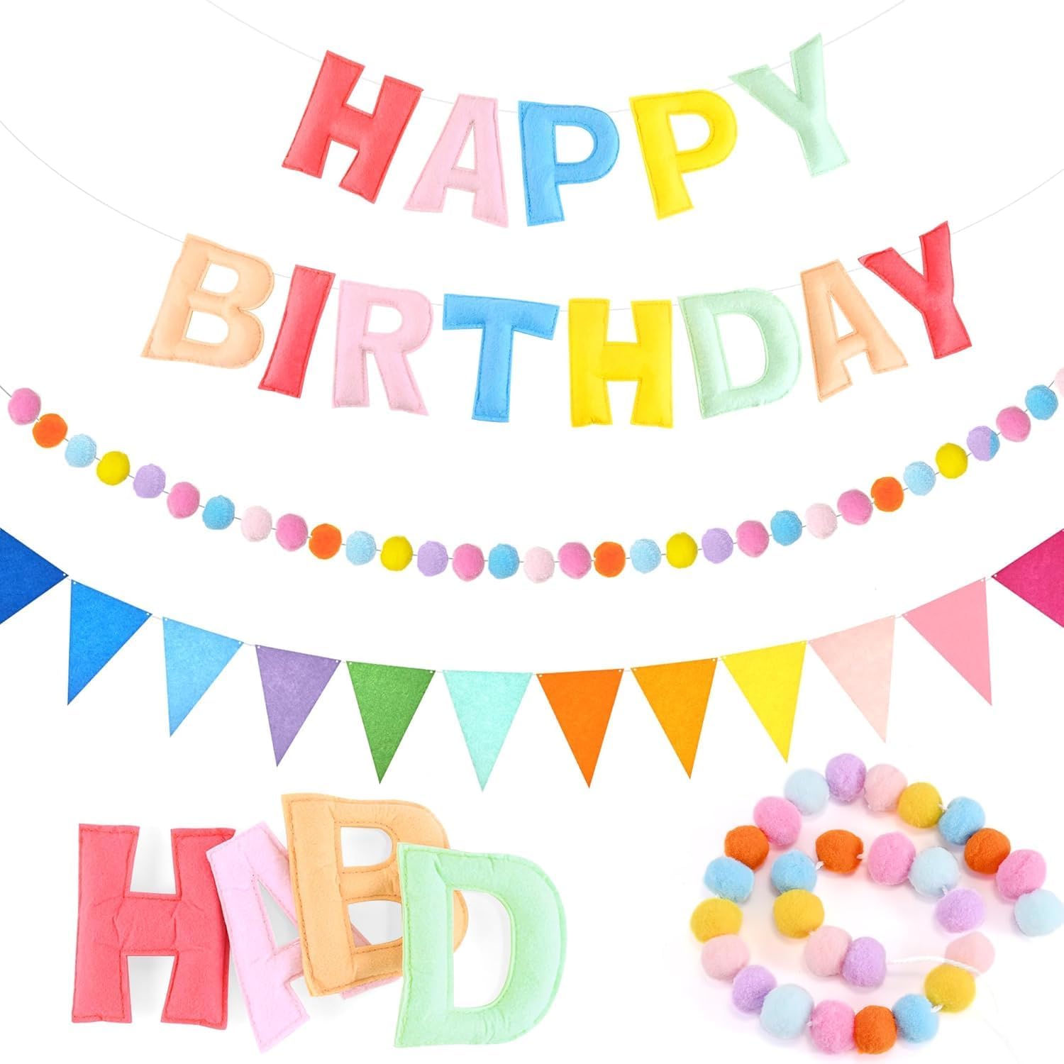 Thumbnail 6 de Pre-Strung Happy Birthday Banner - Felt Ball Garland (Red) – Rainbow Themed, Ready to Hang