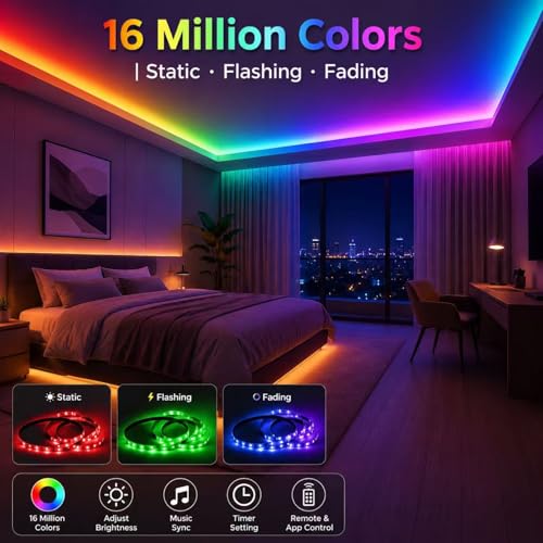 Thumbnail 2 de Shalaker LED Strip Lights for Bedroom (10M) – RGB Colour Changing with Bluetooth App, Remote, Music Sync and Timer