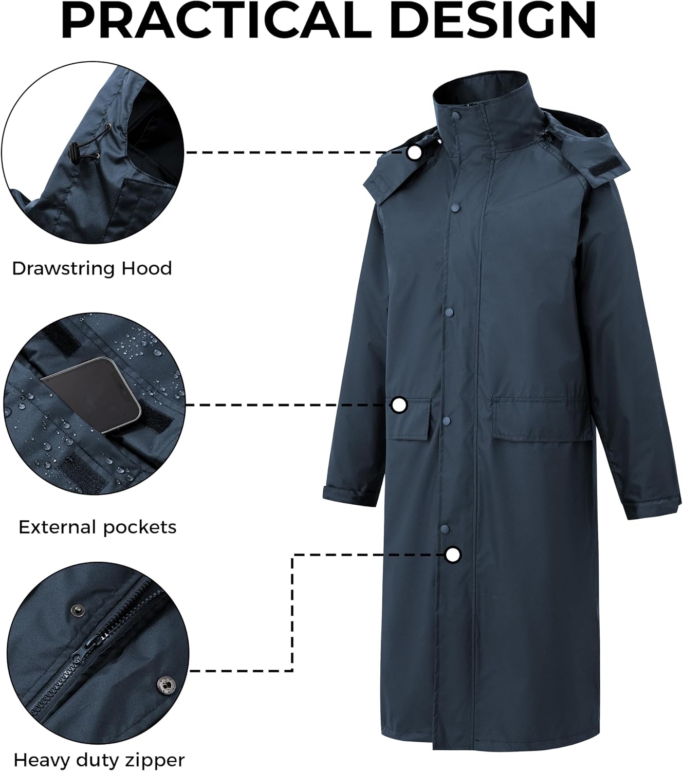 Detalle 2 de Wantdo Men's Long Raincoat with Detachable Hood