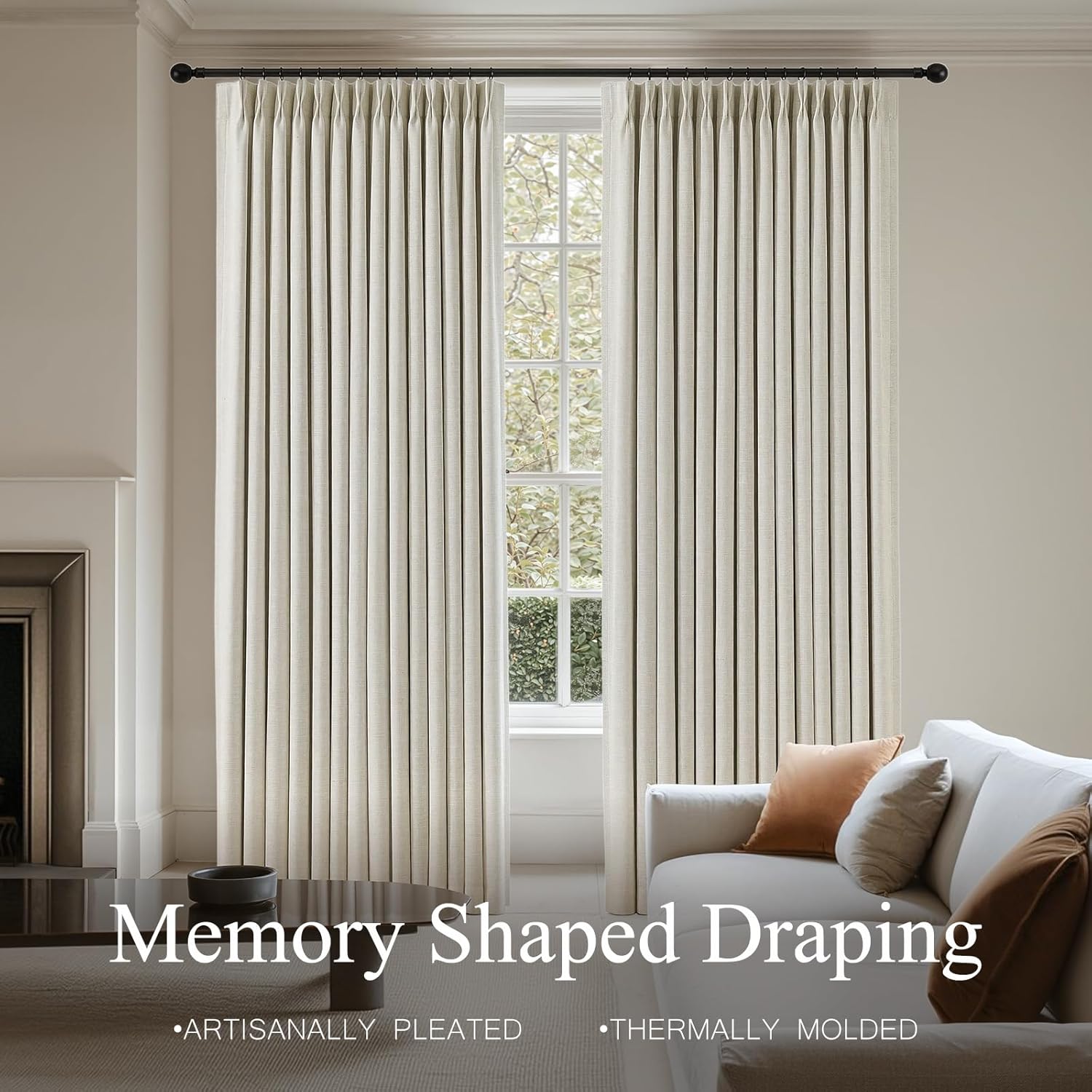 Detalle de Pinch Pleated Blackout Linen Curtains (95" Long, 2 Panels) — 100% Blackout Thermal Room Darkening Drapes