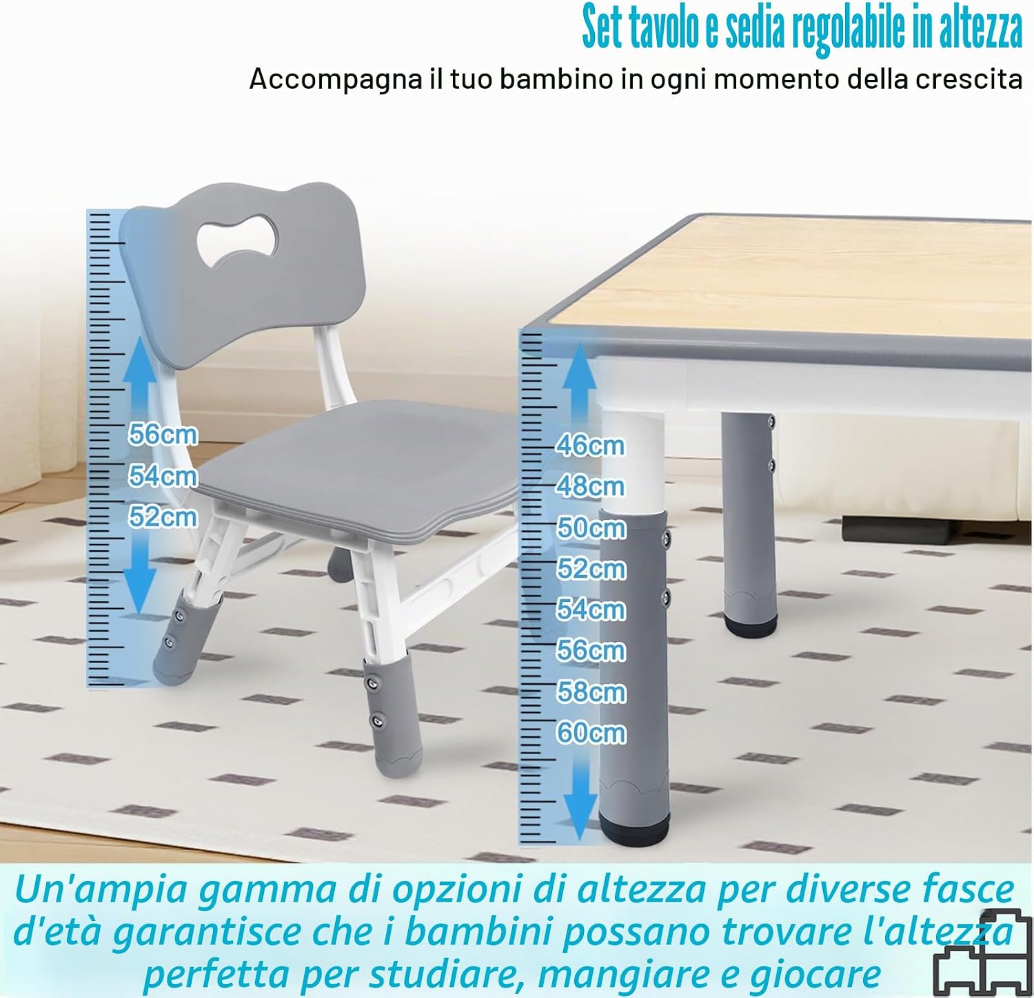 Detalle de ACXIN Tavolo per bambini con sedie in plastica, regolabile in altezza, grigio