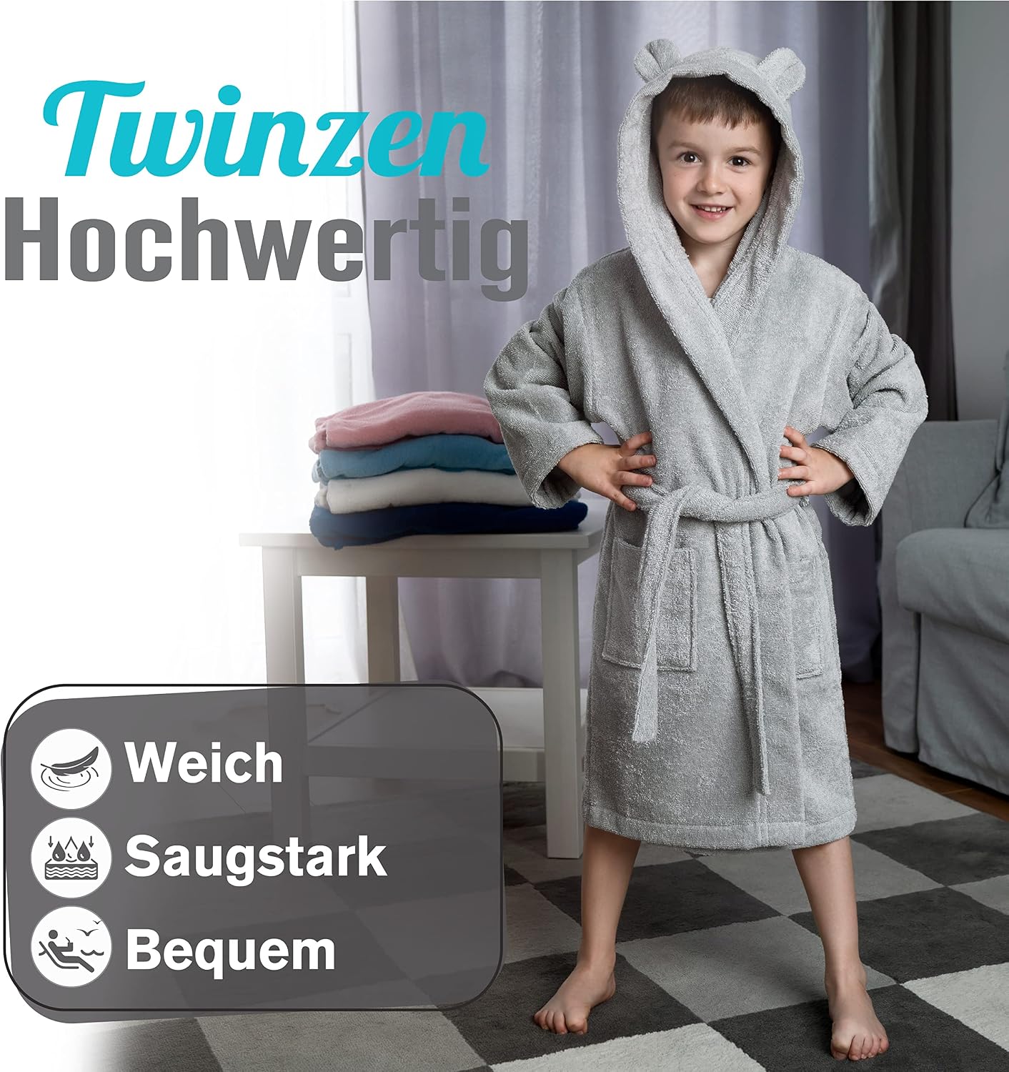 Detalle de Twinzen Kinderbademantel aus 100% Baumwolle mit Kapuze und Ohren – mit 2 Taschen, Gürtel