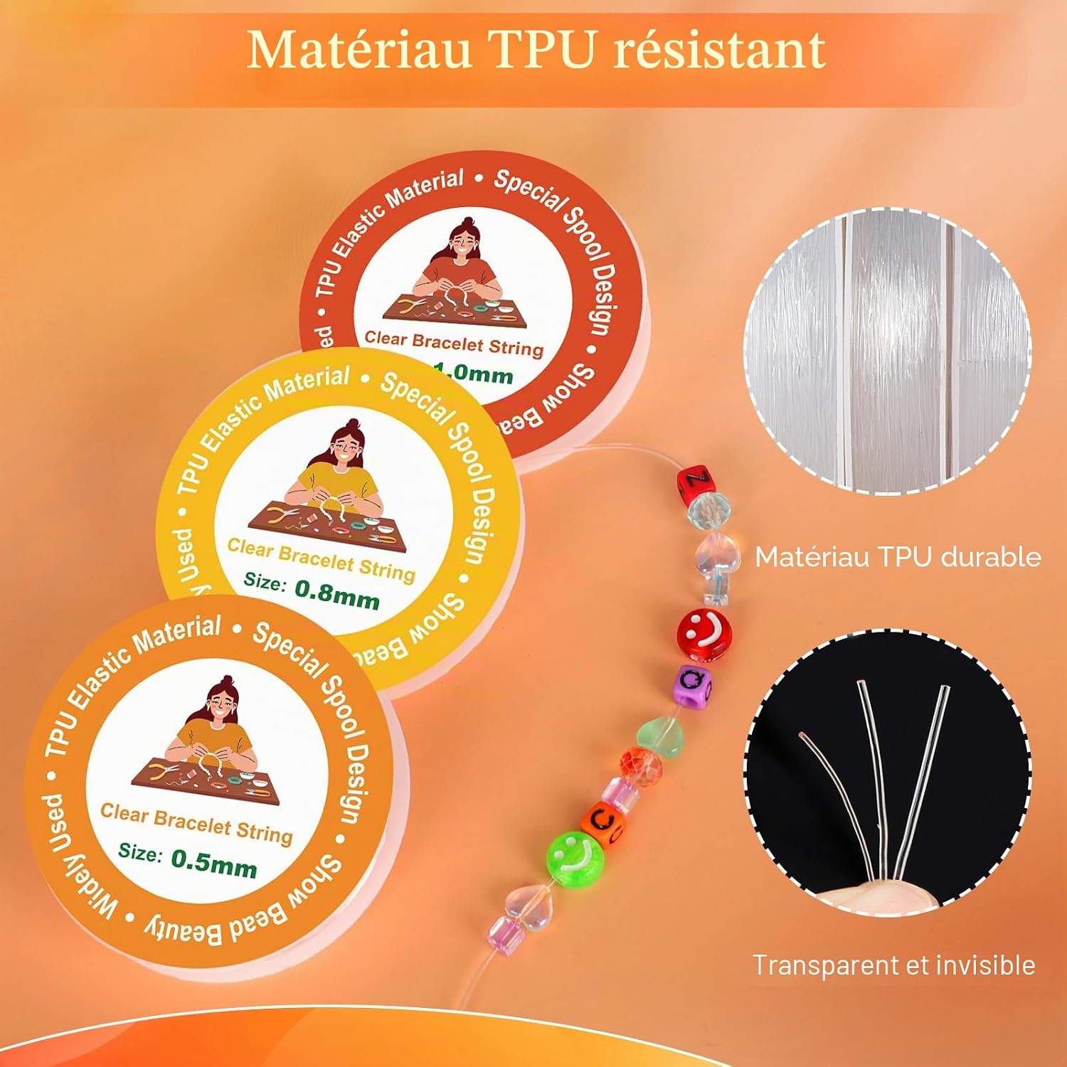 Detalle 2 de Alyvisun lot de 6 fils élastiques pour bracelets en perles (0,5 mm, 0,8 mm, 1 mm) TPU transparent