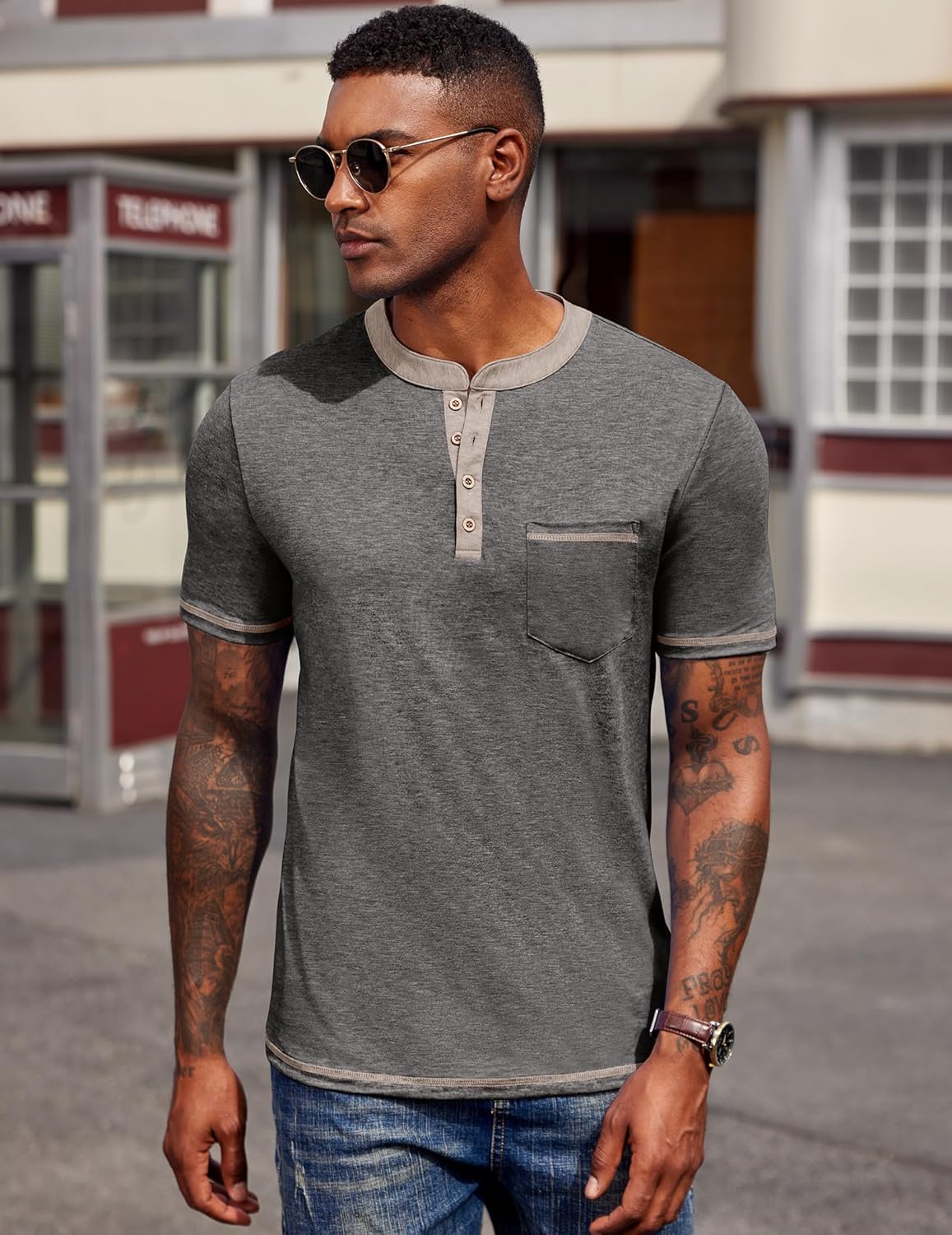 Thumbnail 3 de COOFANDY Henley Shirt Herren Kurzarm – Sommer T-Shirt mit Tasche, V-Ausschnitt